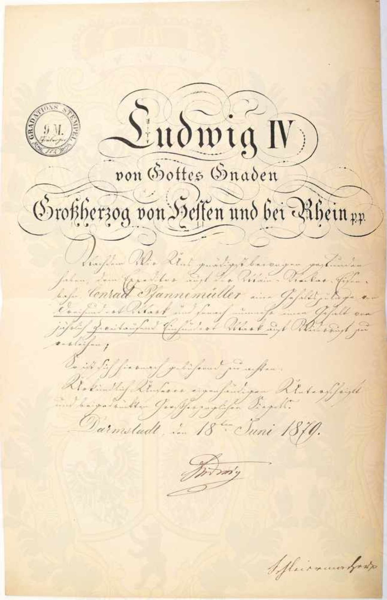 LUDWIG IV., Großherzog v. Hessen-Darmstadt (1837-1892), Tinten OU „Ludwig“ auf Gehalts-Urkunde eines