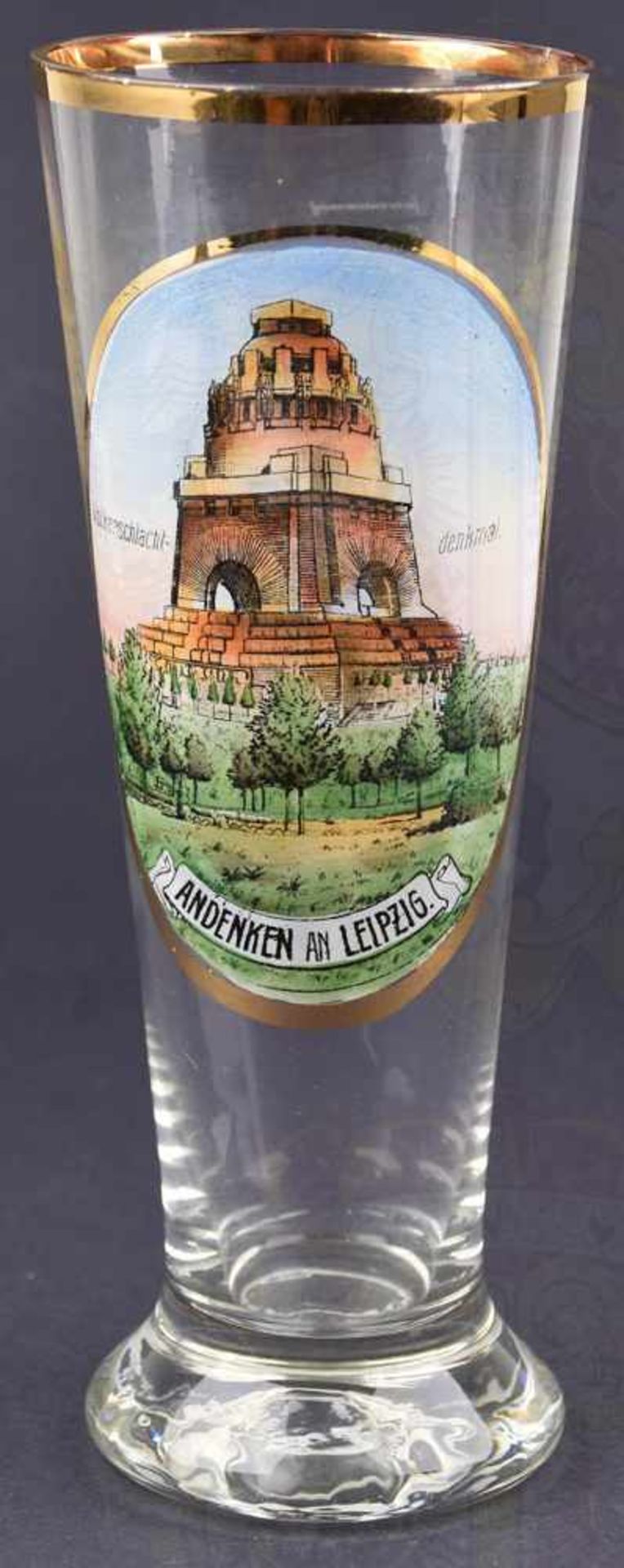 BIERGLAS ANDENKEN AN LEIPZIG, 1/4 L, m. Golddekor u. farb. Ansicht d. Völkerschlacht-Denkmals in