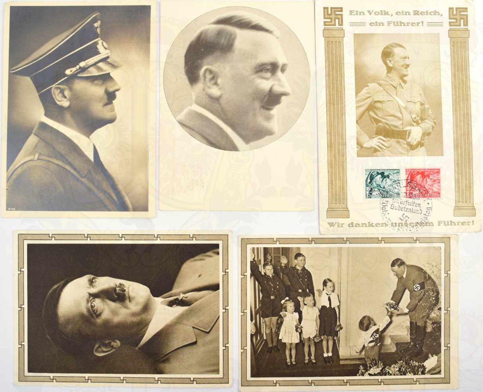 5 AK ADOLF HITLER: 4 Portraits in Uniform u. Anzug bzw. Empfang von Kindern u. HJ-Angehörigen, 1x