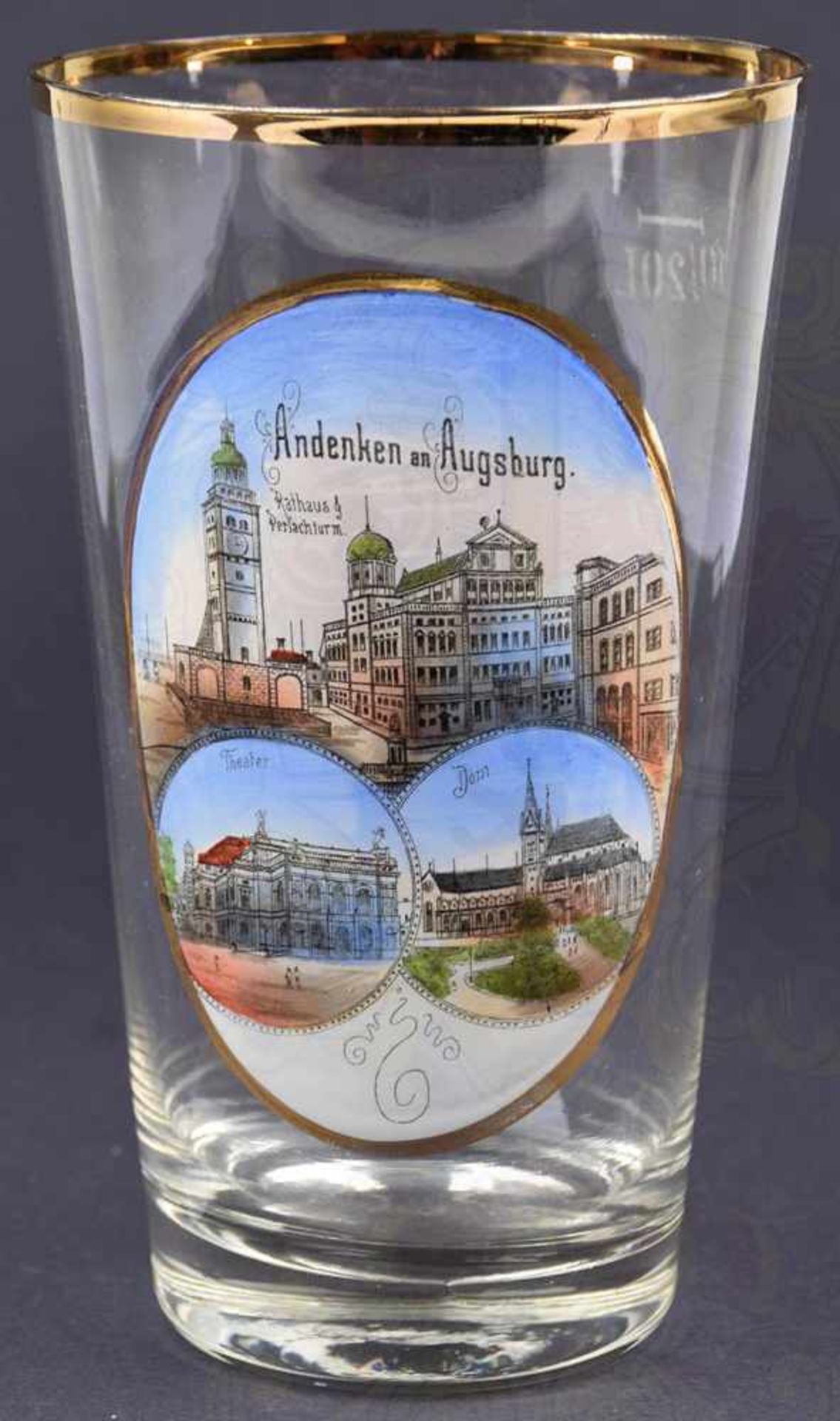 BIERGLAS ANDENKEN AN AUGSBURG, 1/2 L., m. Golddekor u. farb. Ansichten in Emaillemalerei, H. 15cm