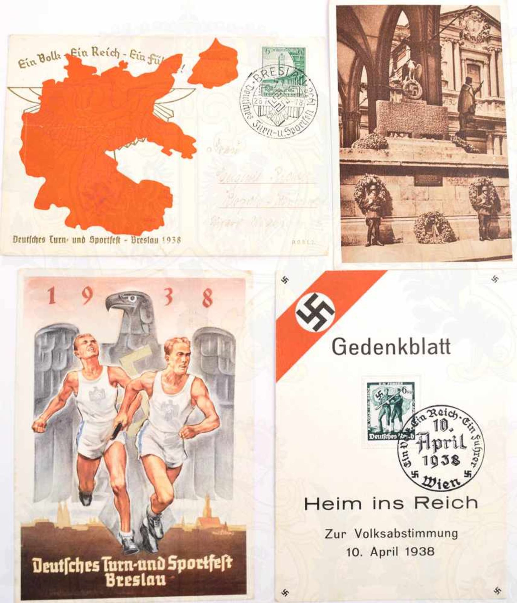 4 AK: Gedenkblatt zur Volksabstimmung in Österreich 10.4.1938, m. Marke u. SStpl.; 2x Dt. Turn- u.