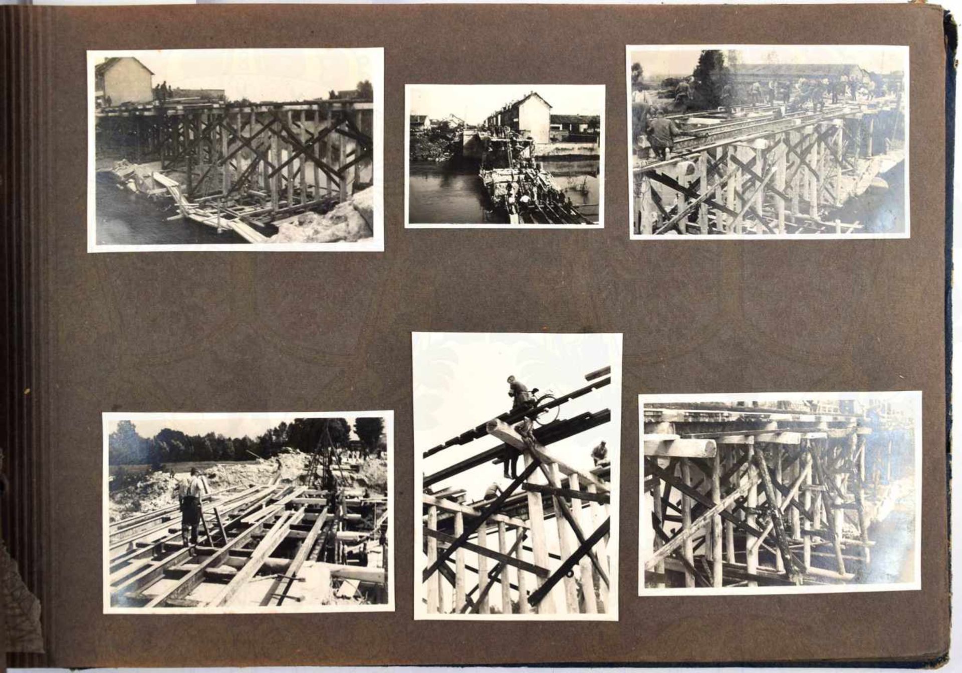 FOTOALBUM, m. 97 Fotos, meist Brückenbau in Frankreich, Abtragen zerst. Straßen- u. Bogenbrücken,