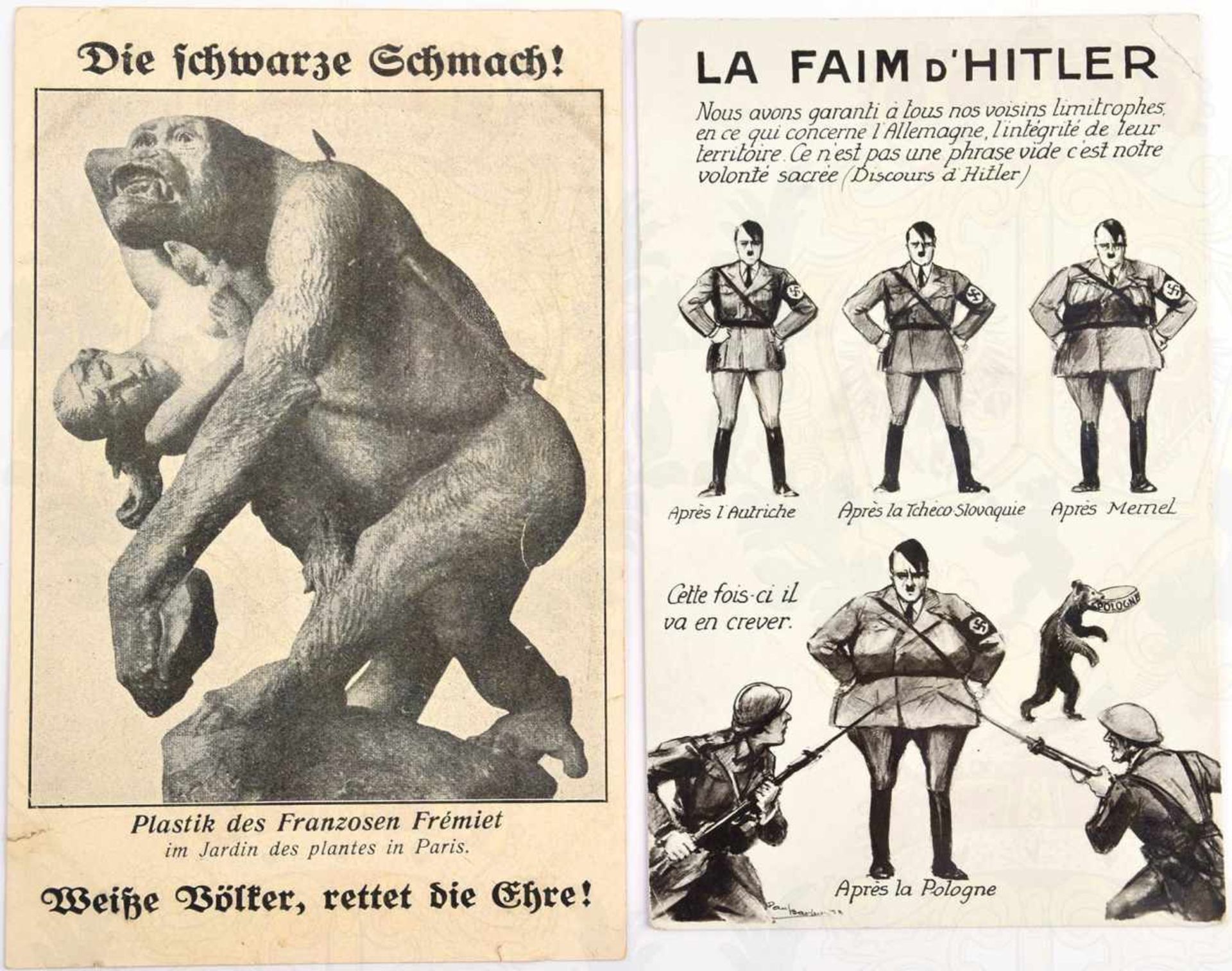 2 AK: „La Faim d´Hitler“, satirische franz. AK auf den Machthunger Hitlers nach den Annektionen v.