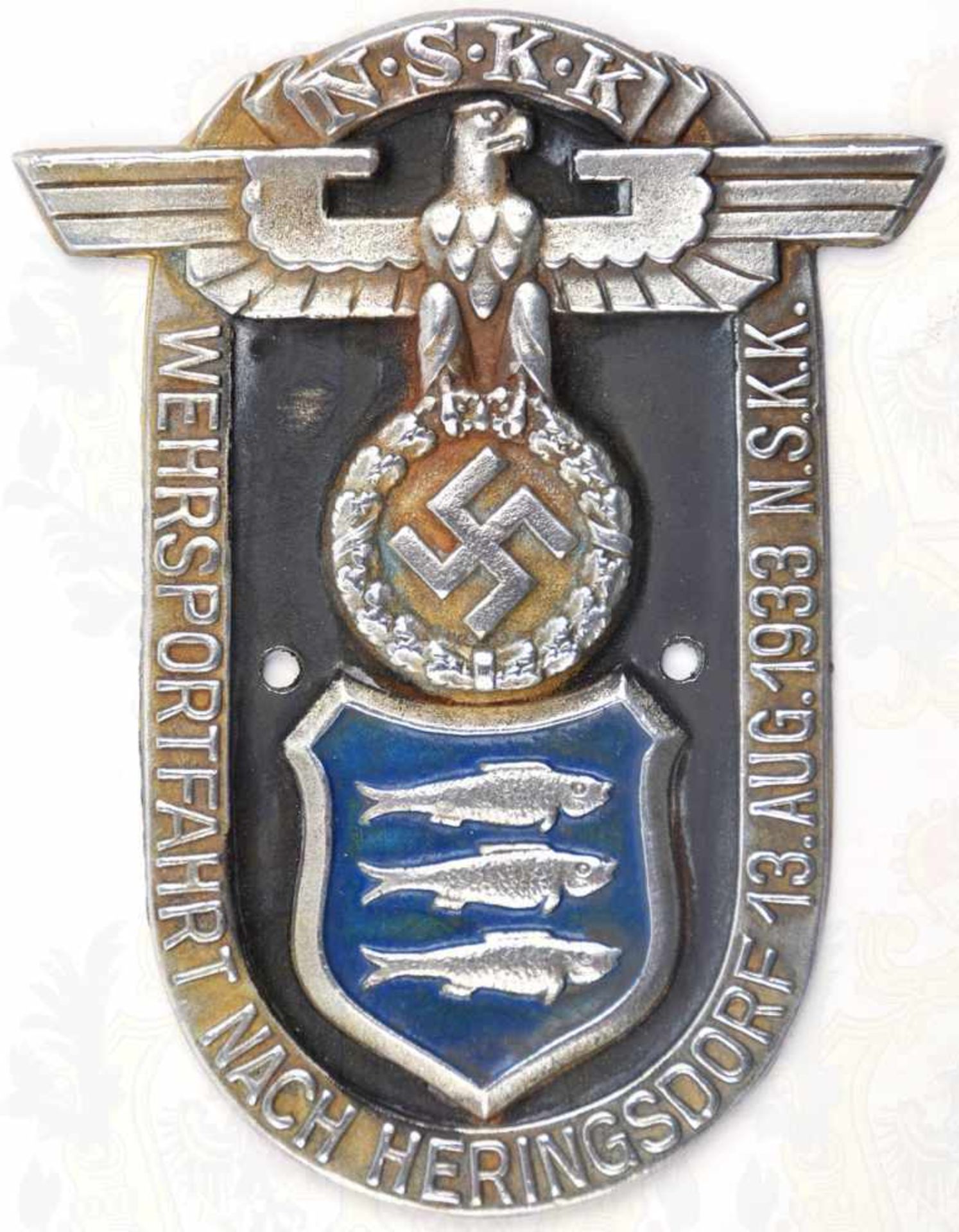NSKK-WEHRSPORTFAHRT NACH HERINGSDORF 1933, Sammleranfertigung, Leichtmetall, tls. schwarz/blau
