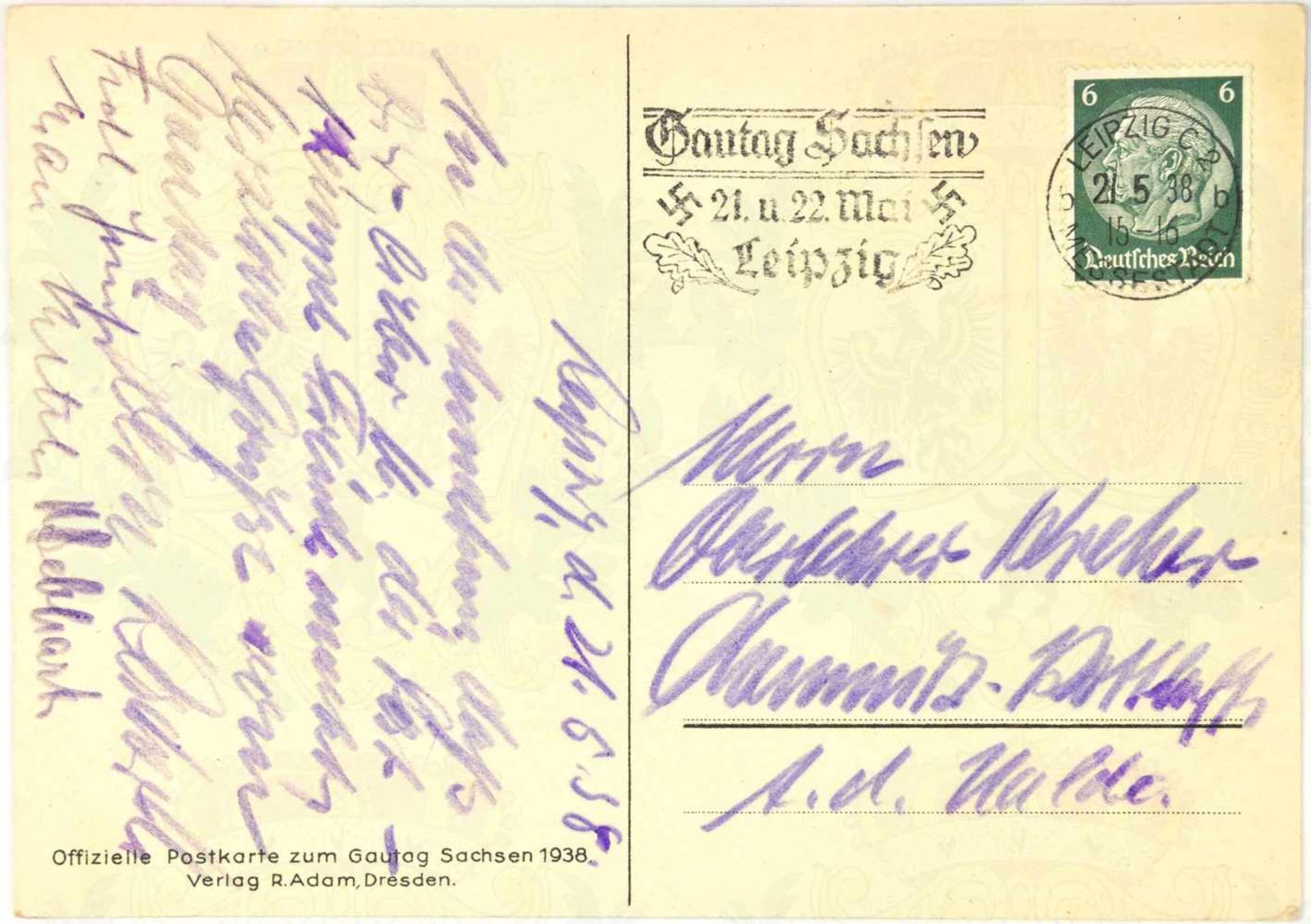 FARB-AK GAUTAG LEIPZIG „NSDAP Sachsen“, Adler über dem Völkerschlachtdenkmal, s/w/r/goldfarb. Druck, - Bild 2 aus 2
