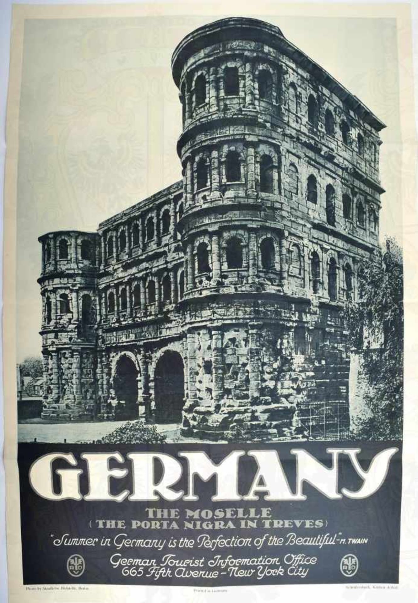 WERBEPLAKAT GERMANY, m. Abb. d. Porta Nigra, Herst. „Schettlerdruck, Köthen/Anhalt“, m. Engl. Text
