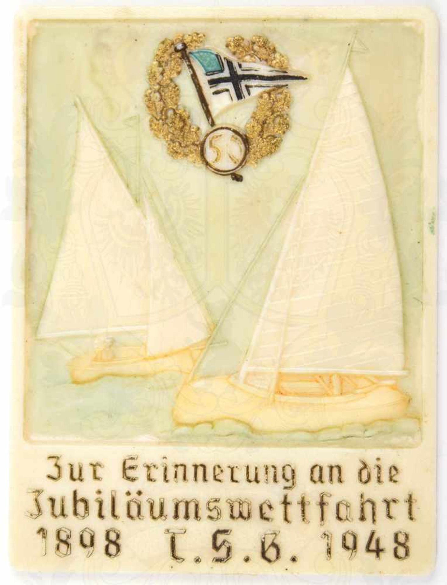 ERINNERUNGSPLAKETTE „Jubiläumswettfahrt T.S.G. 1898-1948“ (Touren-Segler Grünau/Berlin), Kunststoff,