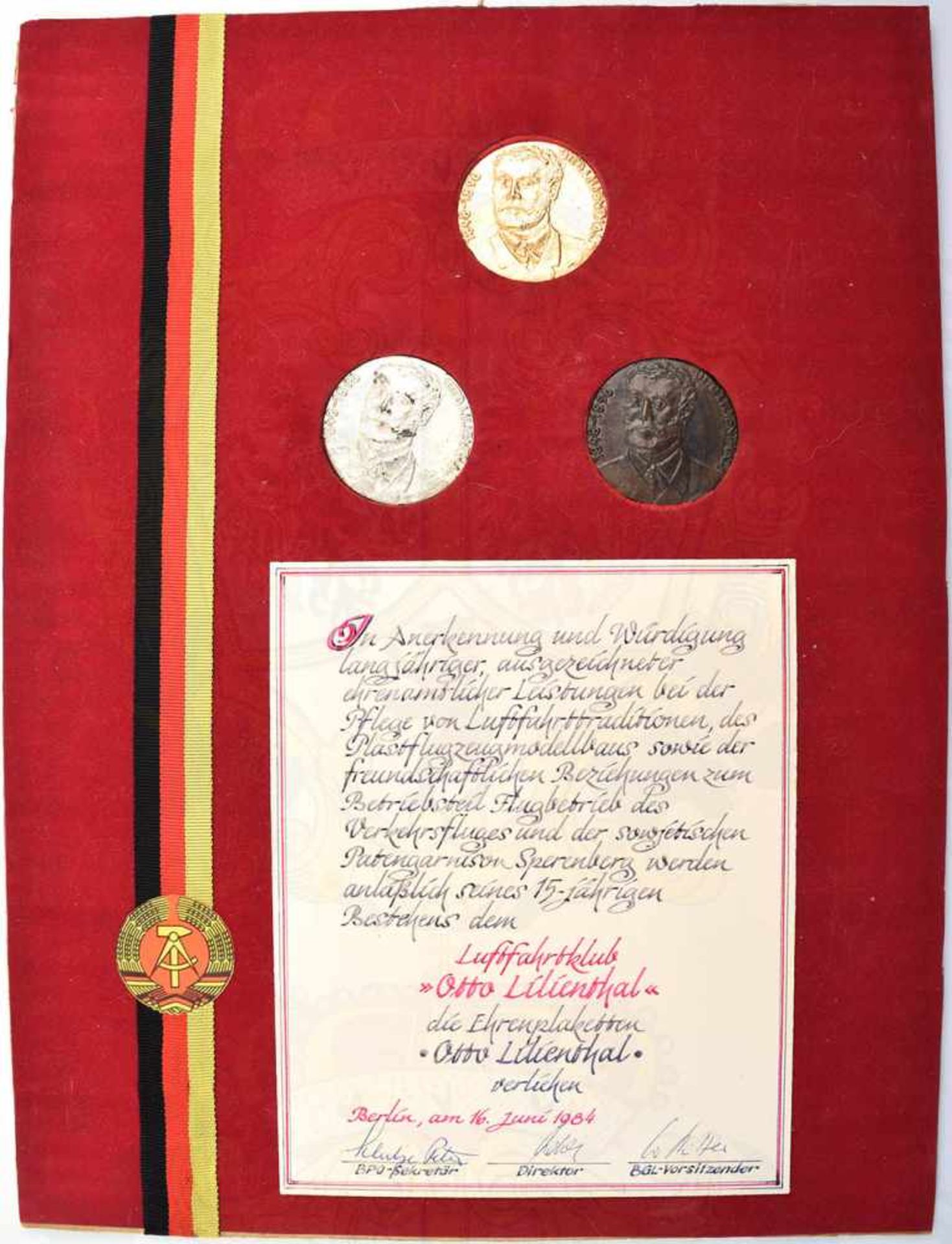 SATZ EHRENPLAKETTEN OTTO LILIENTHAL, Gold/Silber/Bronze, verliehen für ehrenamtl. Leistungen zum