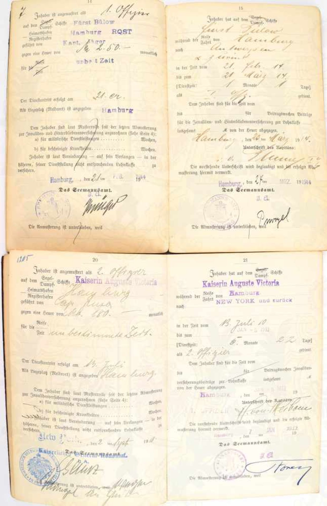 2 SEEFAHRTSBÜCHER EINES 1. OFFIZIERS, durchgehend Einträge 1908-1920 zu Fahrten auf Dampfern von