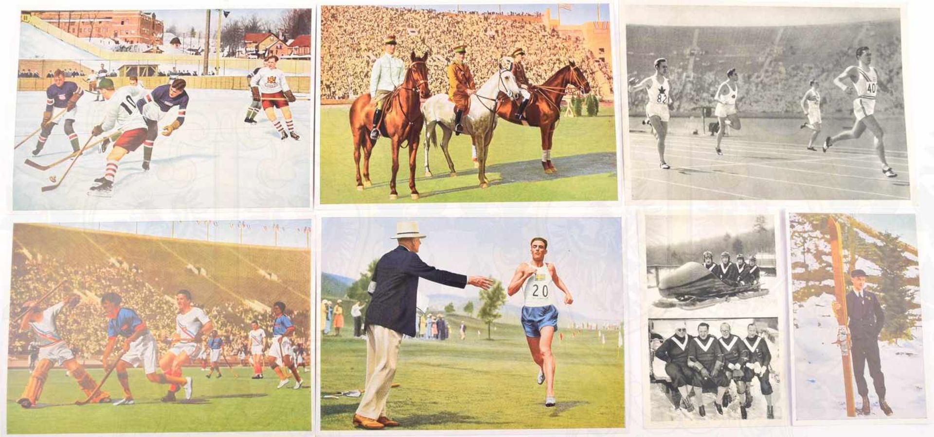 OLYMPIA 1932, 103 Bilder (3 dopplet), tls. farb. unterschiedl. Formate, Reemtsma, im orig. Umschlag