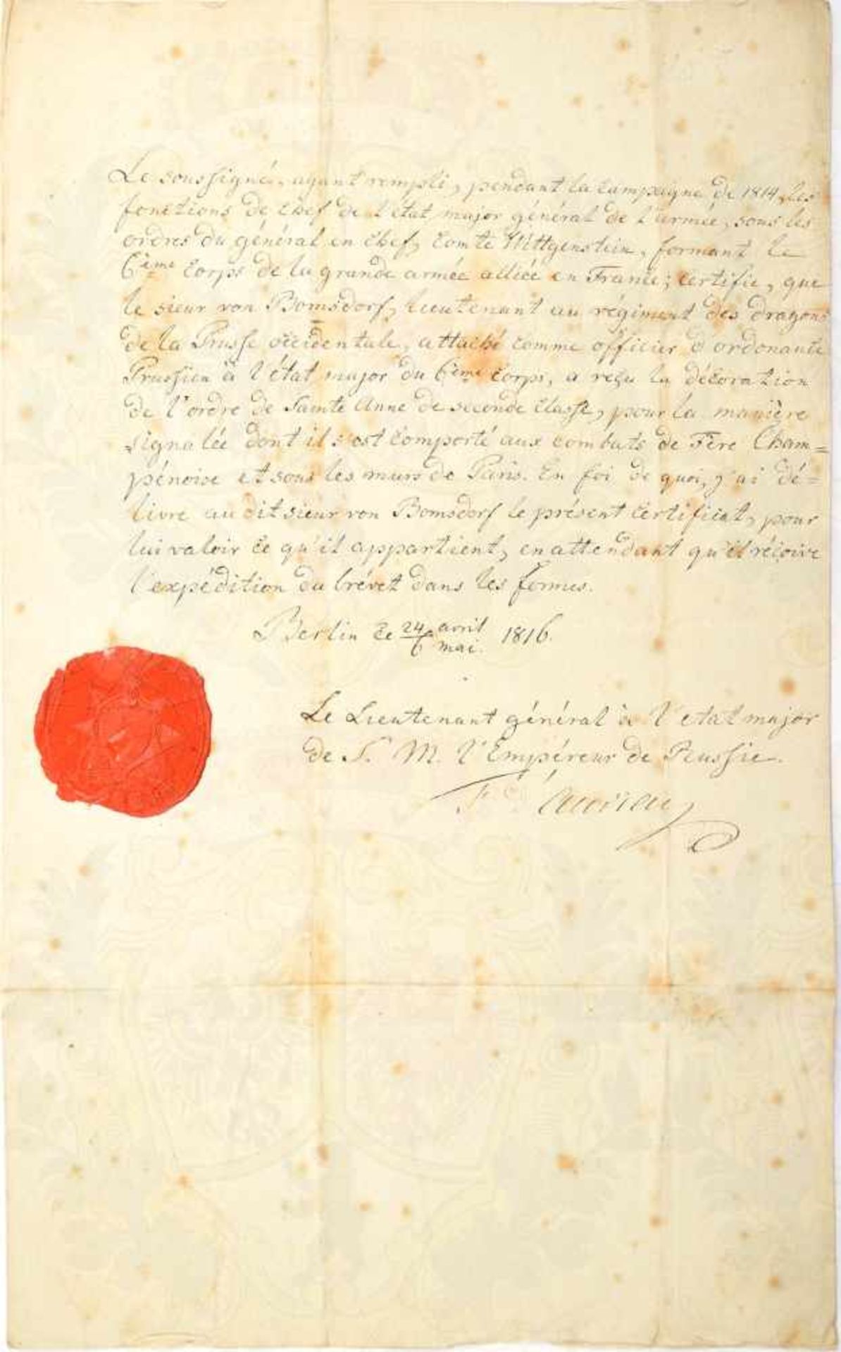 VERLEIHUNGSURKUNDE ST. ANNEN-ORDEN 2. KLASSE, Berlin 24.April/6. Mai 1816, f.d. Kgl. Preußischen