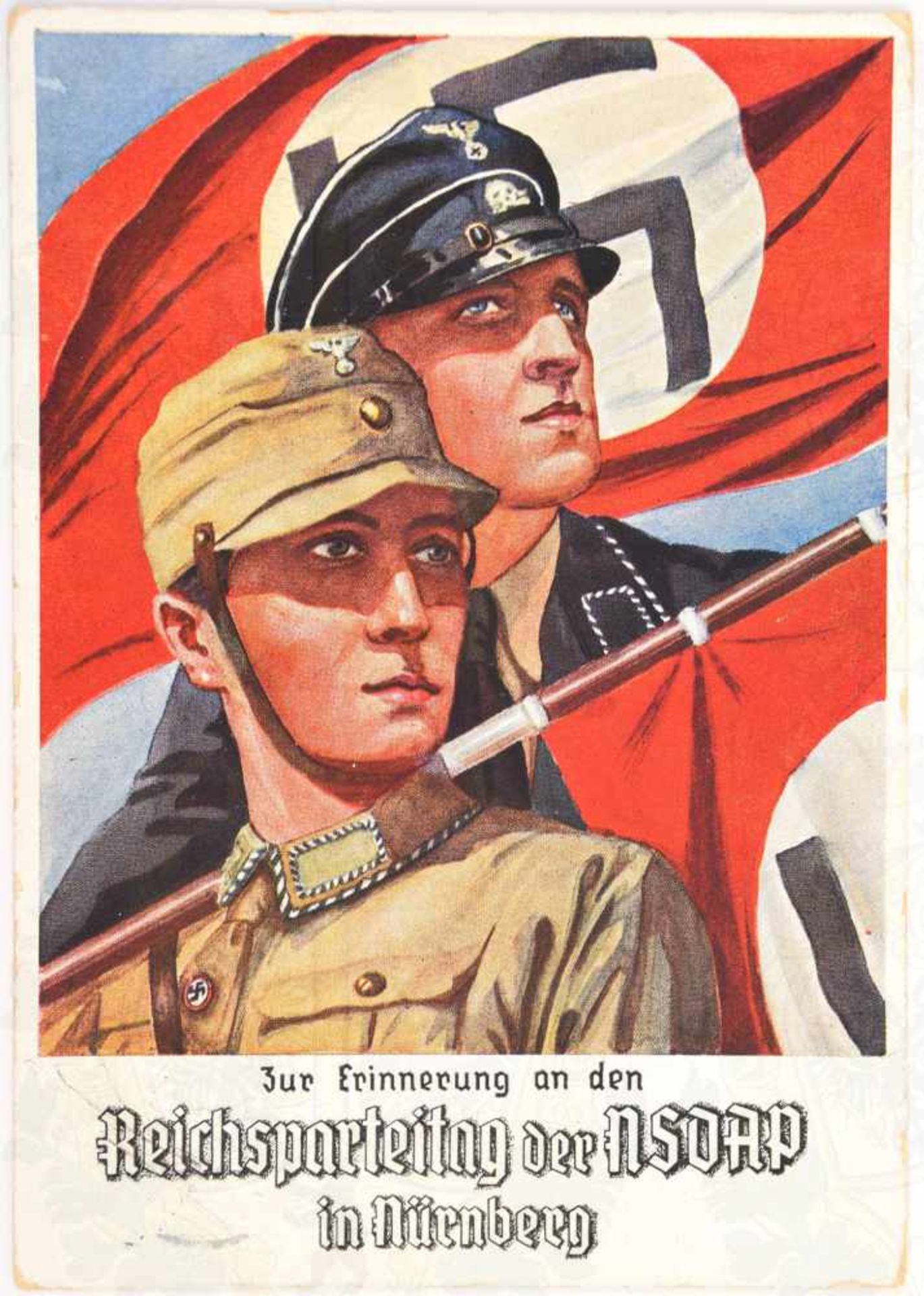 AK ERINNERUNG AN DEN REICHSPARTEITAG DER NSDAP, farbiger Kunstdruck, SA- u. SS-Mann vor HK-Fahne,