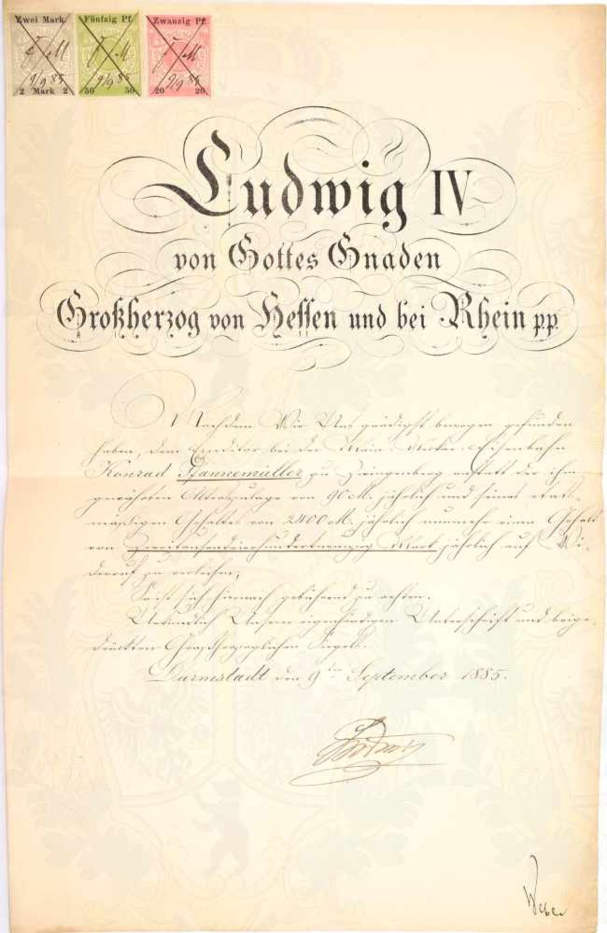 LUDWIG IV., Großherzog v. Hessen-Darmstadt (1837-1892), Tinten OU „Ludwig“ auf Gehalts-Urkunde m.