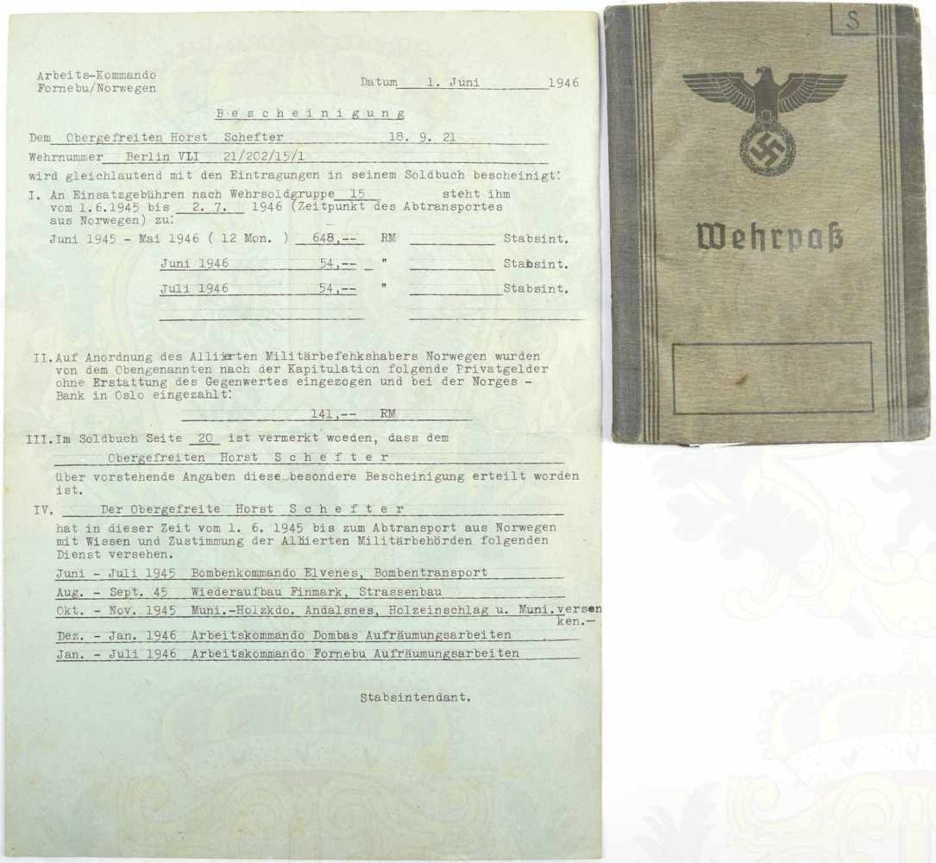 WEHRPASS OBERGEFREITER FLUGABWEHR, Einträge 1940 - Juli 1946, Flak-Ers.-Abt. 12 u. Flak-