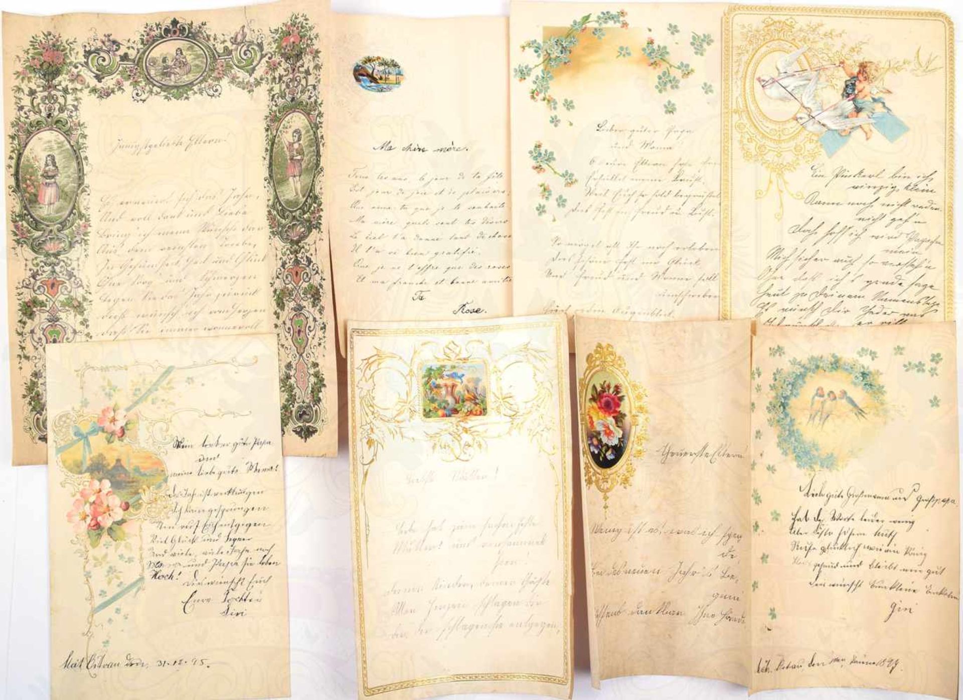 17 SCHMUCKBRIEFE 1870-1899, farb. Vordrucke mit Motiven, tls. goldgepr., m. Feder u. Bleistift
