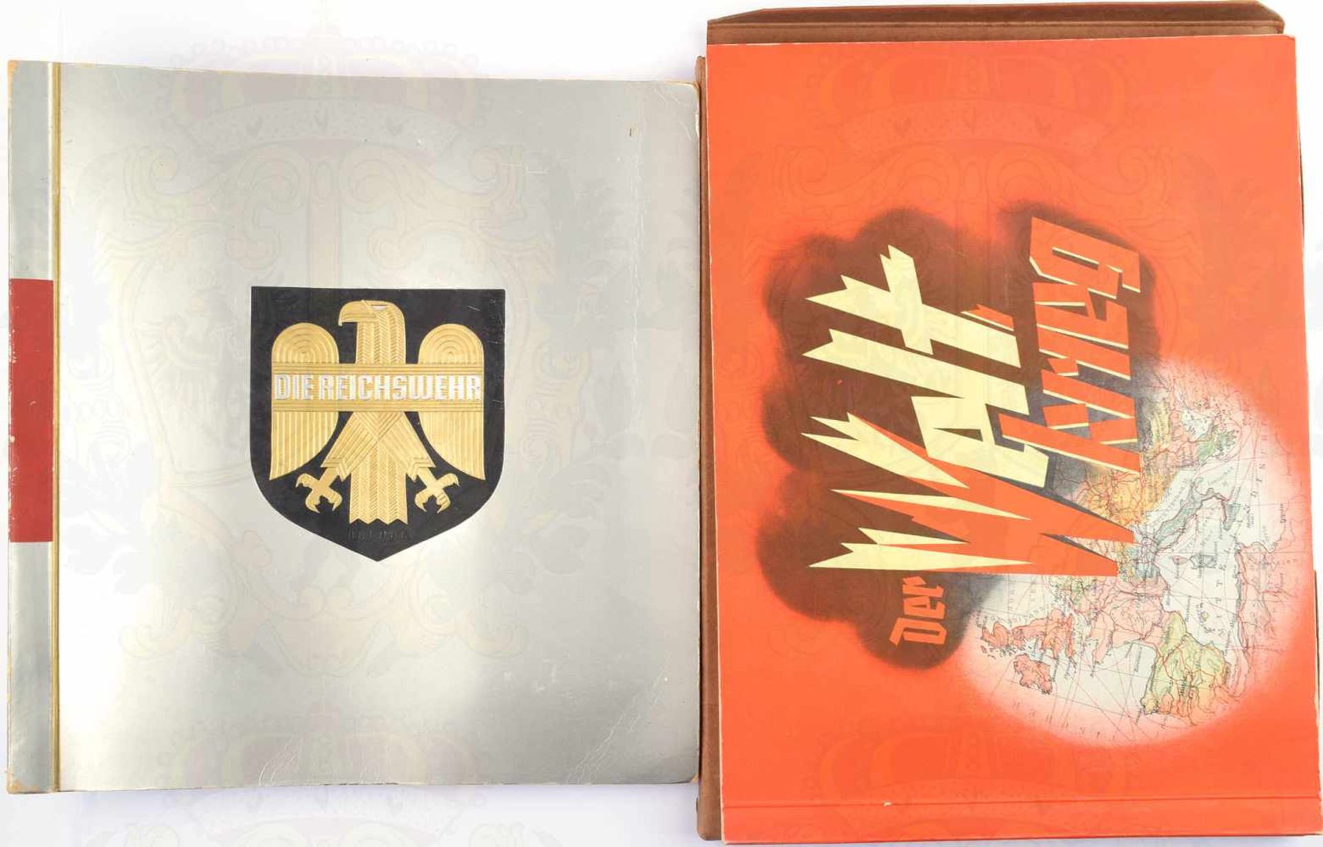 2 ALBEN, Die Reichswehr, kpl. mit 280 Bildern, Waldorf-Astoria 1933, gepr. Karton; Der Weltkrieg,