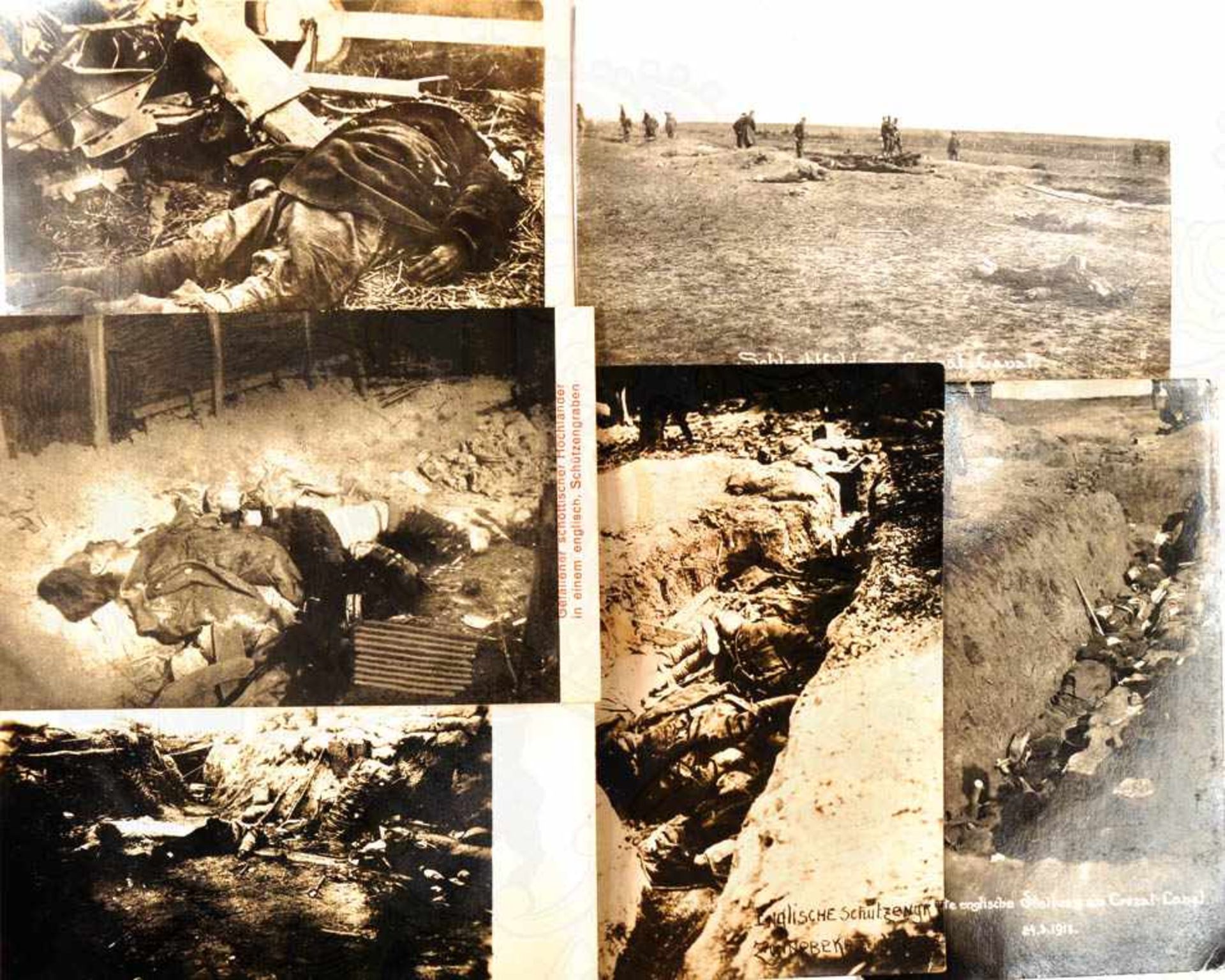 6 FOTO-AK SCHLACHTFELD-AUFNAHMEN, westl. Kriegsschauplatz 1917/1918, gefallene engl. Soldaten,