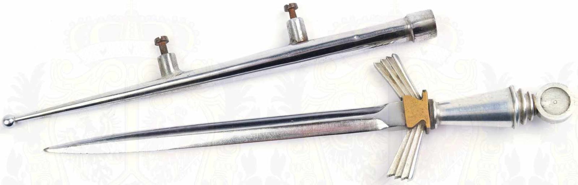 BRIEFÖFFNER, blanke zweischneidige Klinge, L. 14cm, Griffteile Weißmetall/Tombak, vernickelte