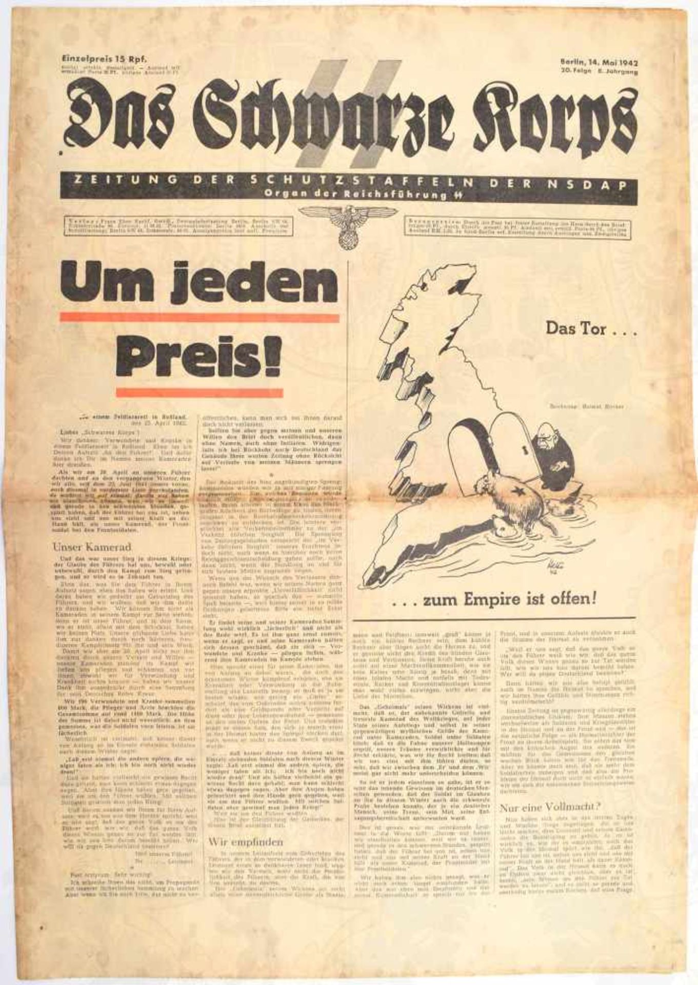 DAS SCHWARZE KORPS, „Um jeden Preis“, 14.5.1942, 8 S., Beilage „Der politische Soldat“ fehlt