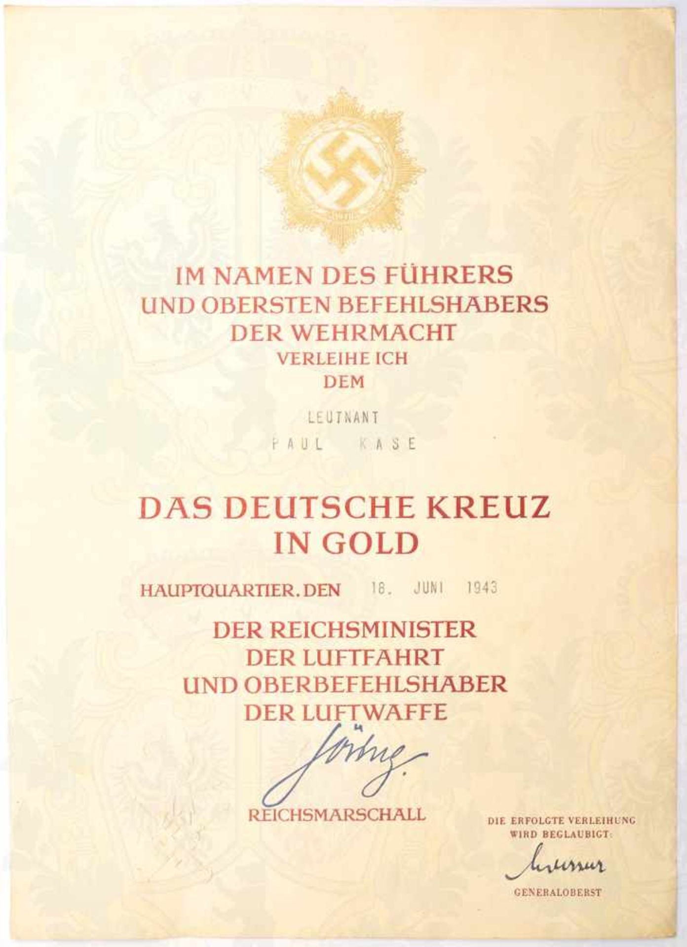 GROßE VERLEIHUNGSURKUNDE DEUTSCHES KREUZ IN GOLD für Leutnant Paul Kase (DKiG 17.4.1943), 10.