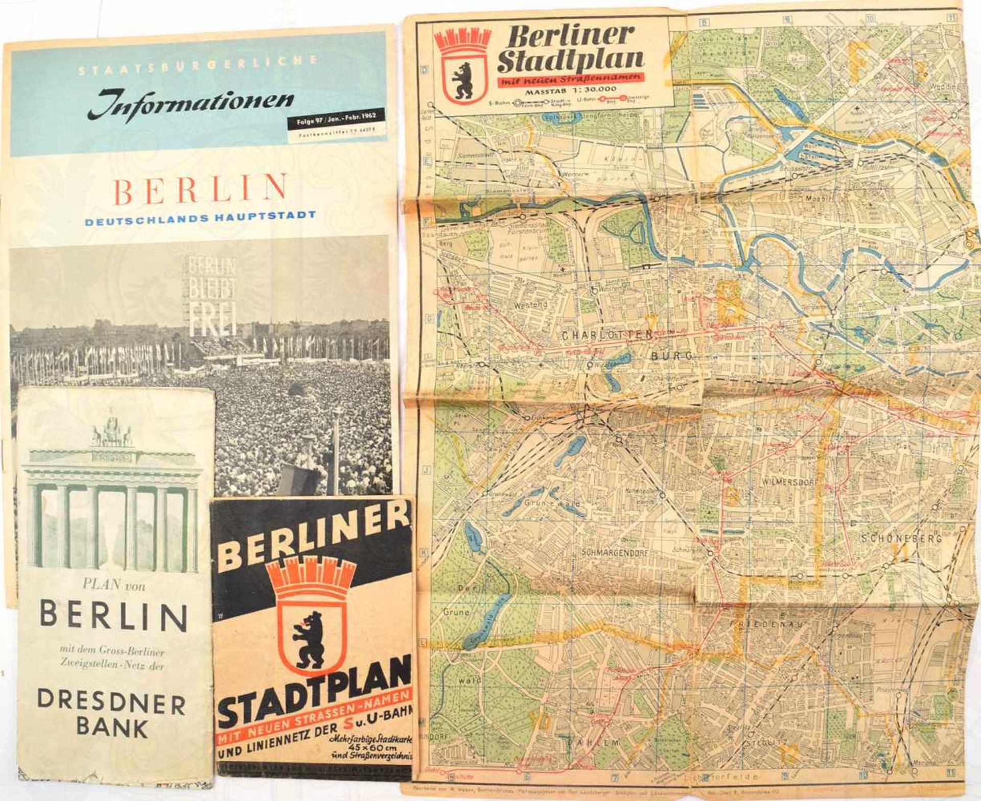 5 TEILE BERLIN, Broschüre „Berlin als Vergnügungsstadt“, 1911, 56 S., gr. A4; 2 Stadtpläne, 1953, 1x