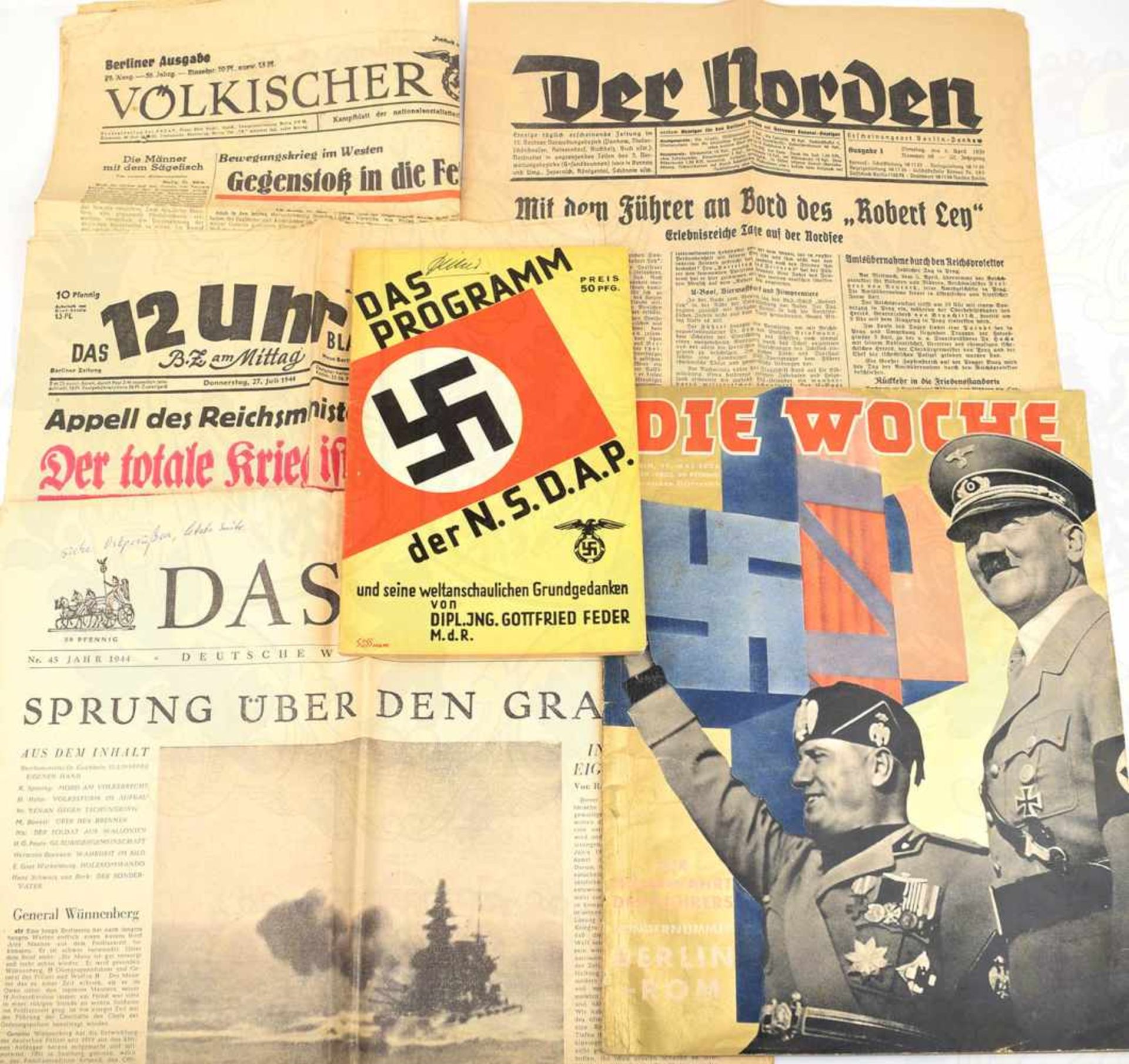 5 ZEITUNGEN: Sondernummer „Die Woche - Italienfahrt des Führers“, 11.5.1938, 48 S., Abb.; Völkischer