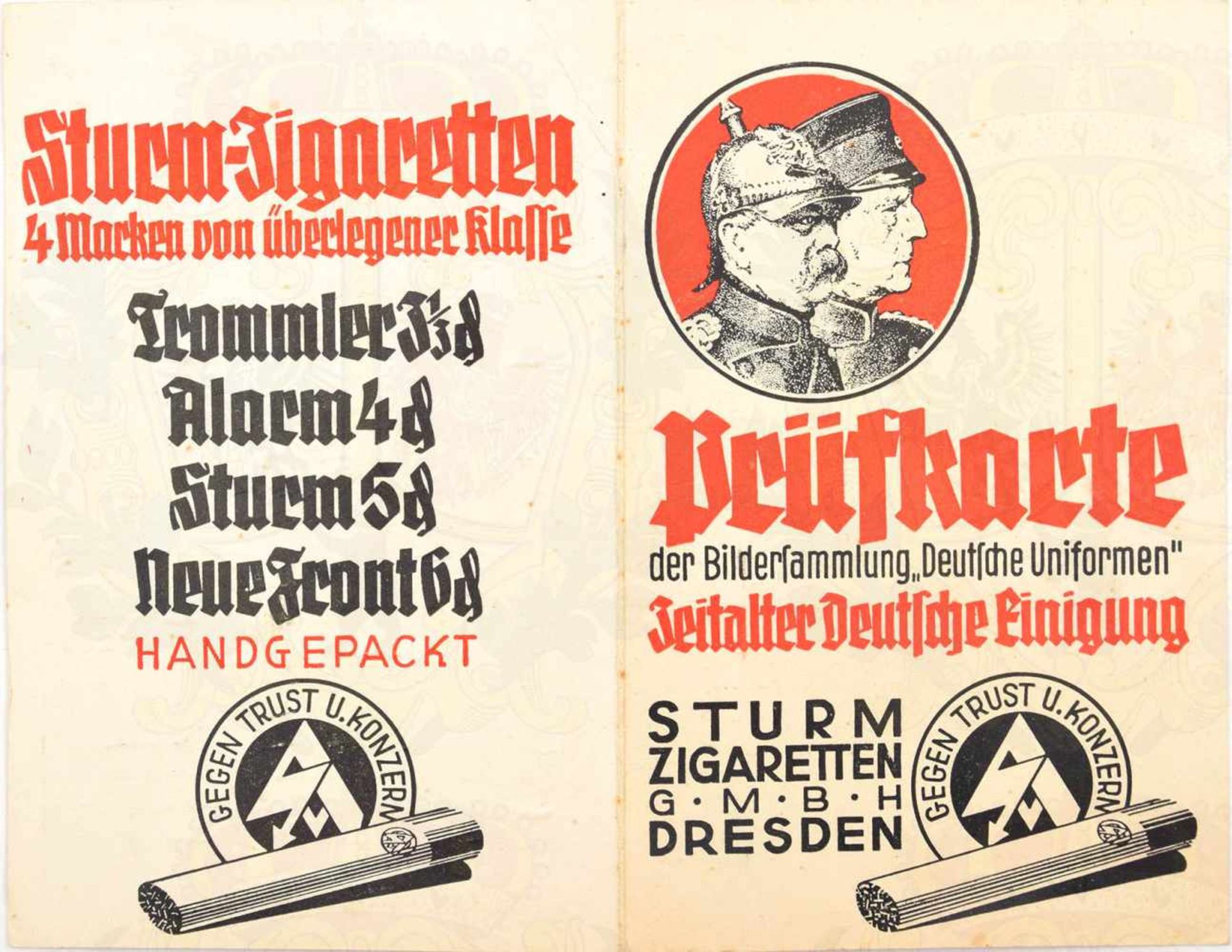 PRÜFKARTE ZUM ALBUM „DEUTSCHE UNIFORMEN“, „Zeitalter Deutsche Einigung“, Sturm-Zigaretten, Dresden