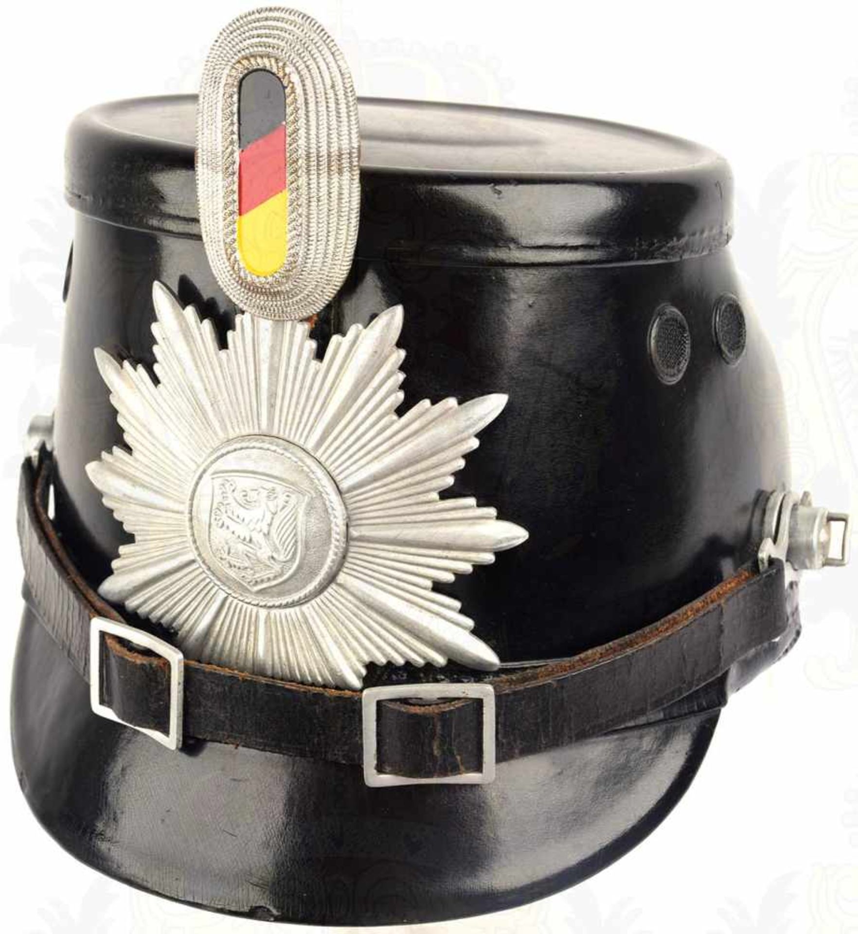 TSCHAKO POLIZEI BRAUNSCHWEIG, f. Mannschaften, um 1960, schwarzer Fiberkorpus, Stern m. Löwenwappen,