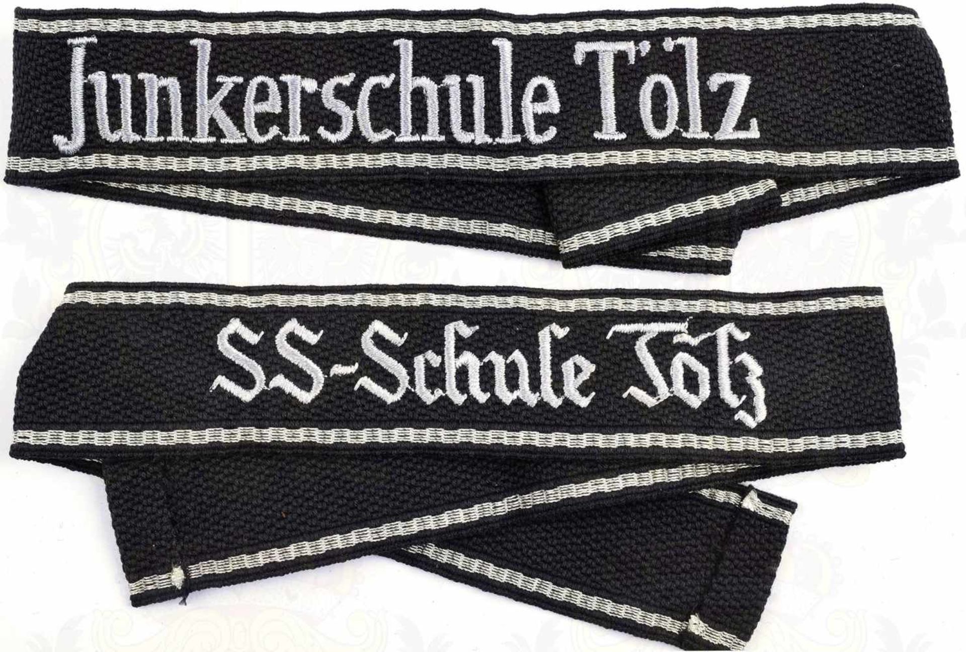 2 ÄRMELBÄNDER, Sammleranfertigungen, „Junkerschule Tölz“ u. „SS-Schule Tölz“, schwarzes Tuch,