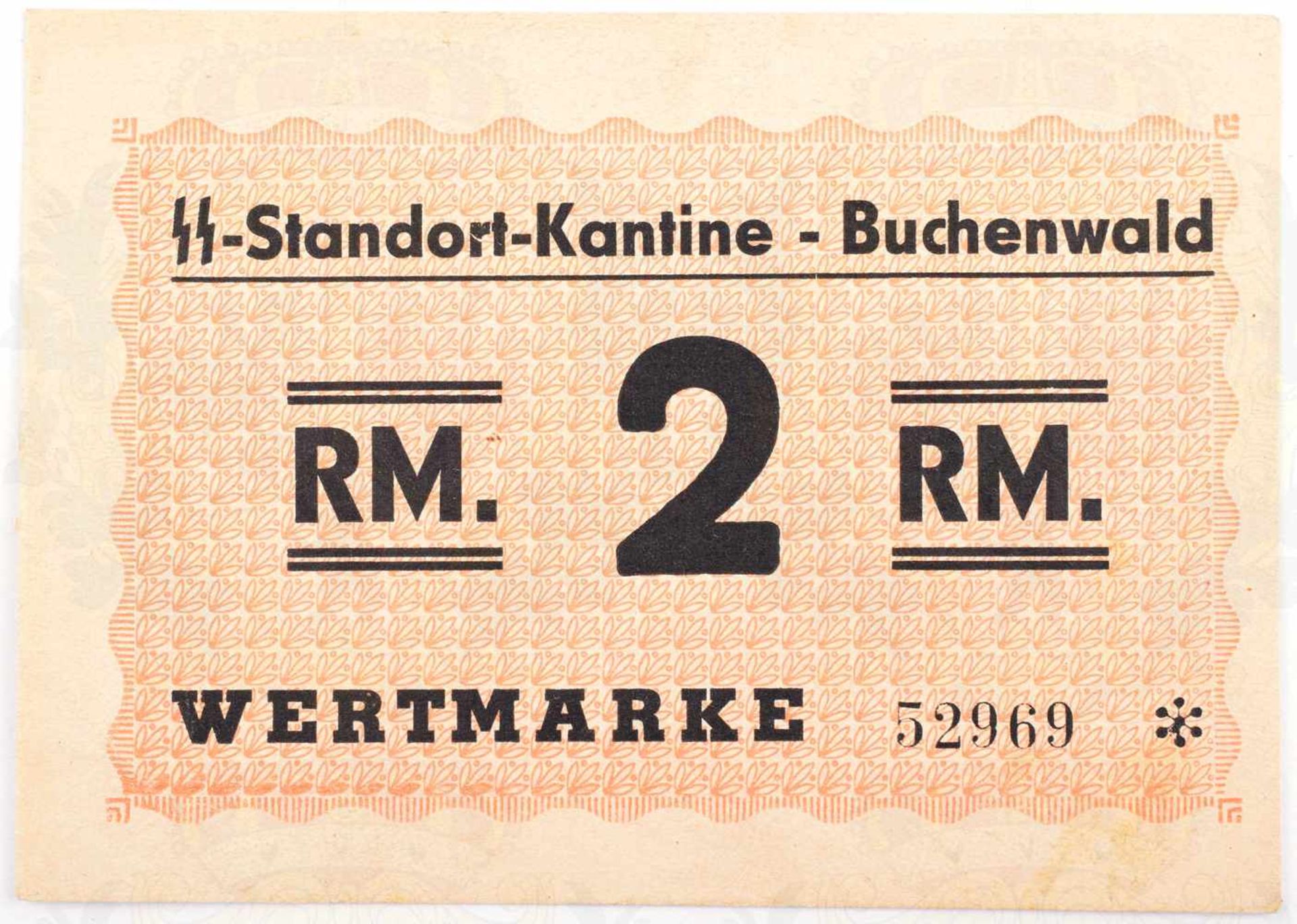 WERTMARKE ÜBER 2 REICHSMARK, SS-Standort-Kantine Buchenwald, um 1943, 10,5x7,5 cm