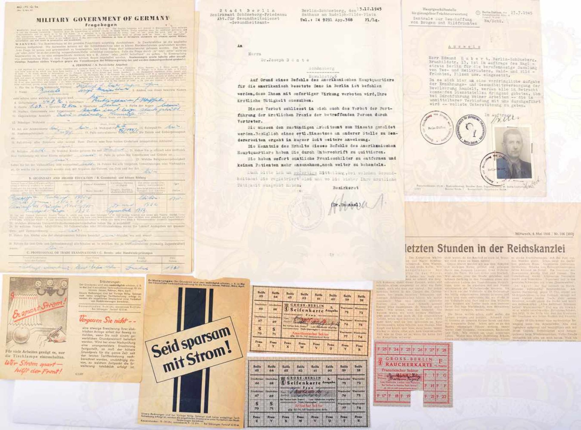 DOKUMENTEN-KONVOLUT, ca. 50 Teile, Fragebogen - Military Government of Germany 15.5.1945; 20