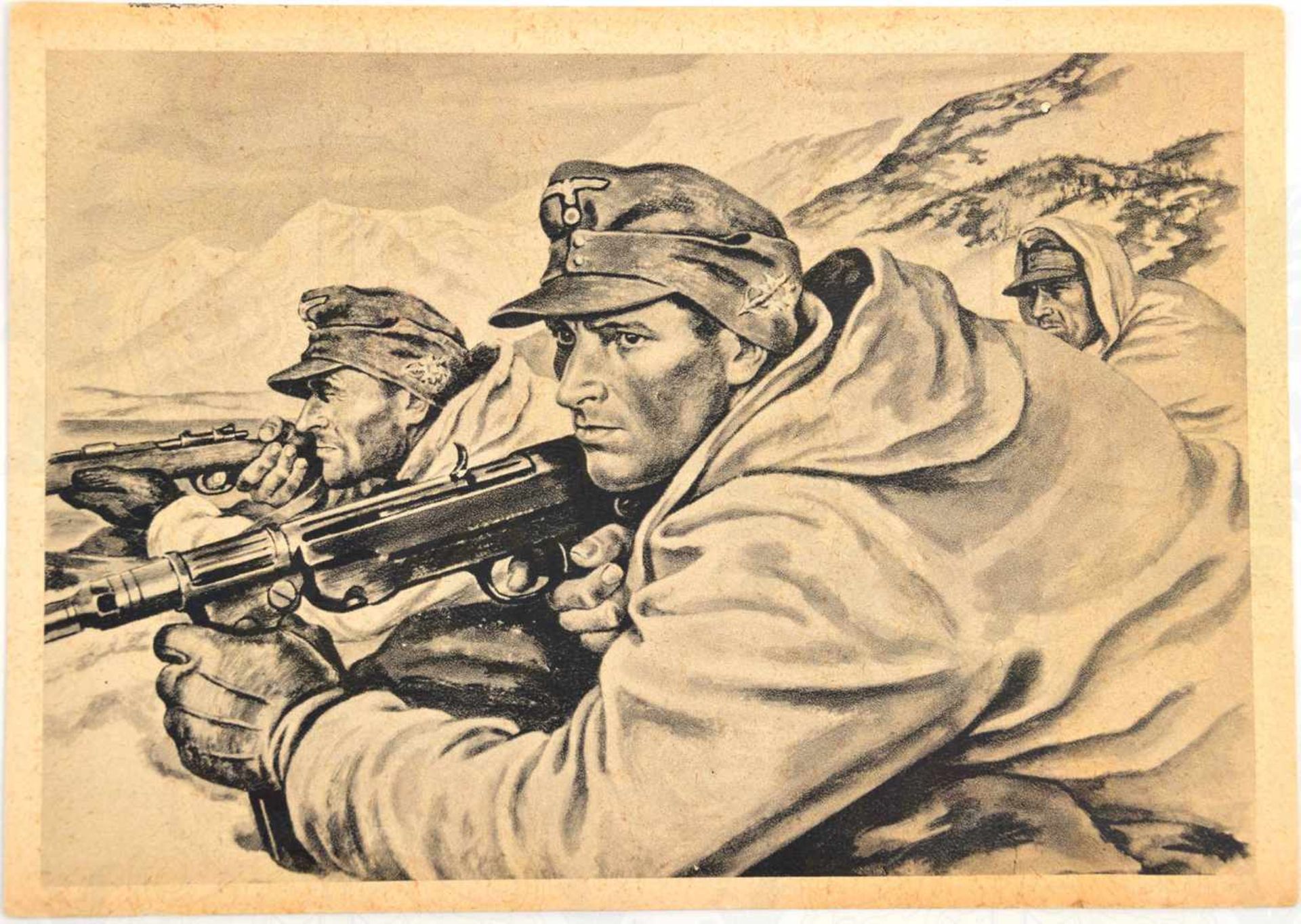 AK GEBIRGSJÄGER IN NORWEGEN, s/w-Druck nach PK-Zeichnung Kriegsberichter Kretschmann, um 1941, 3