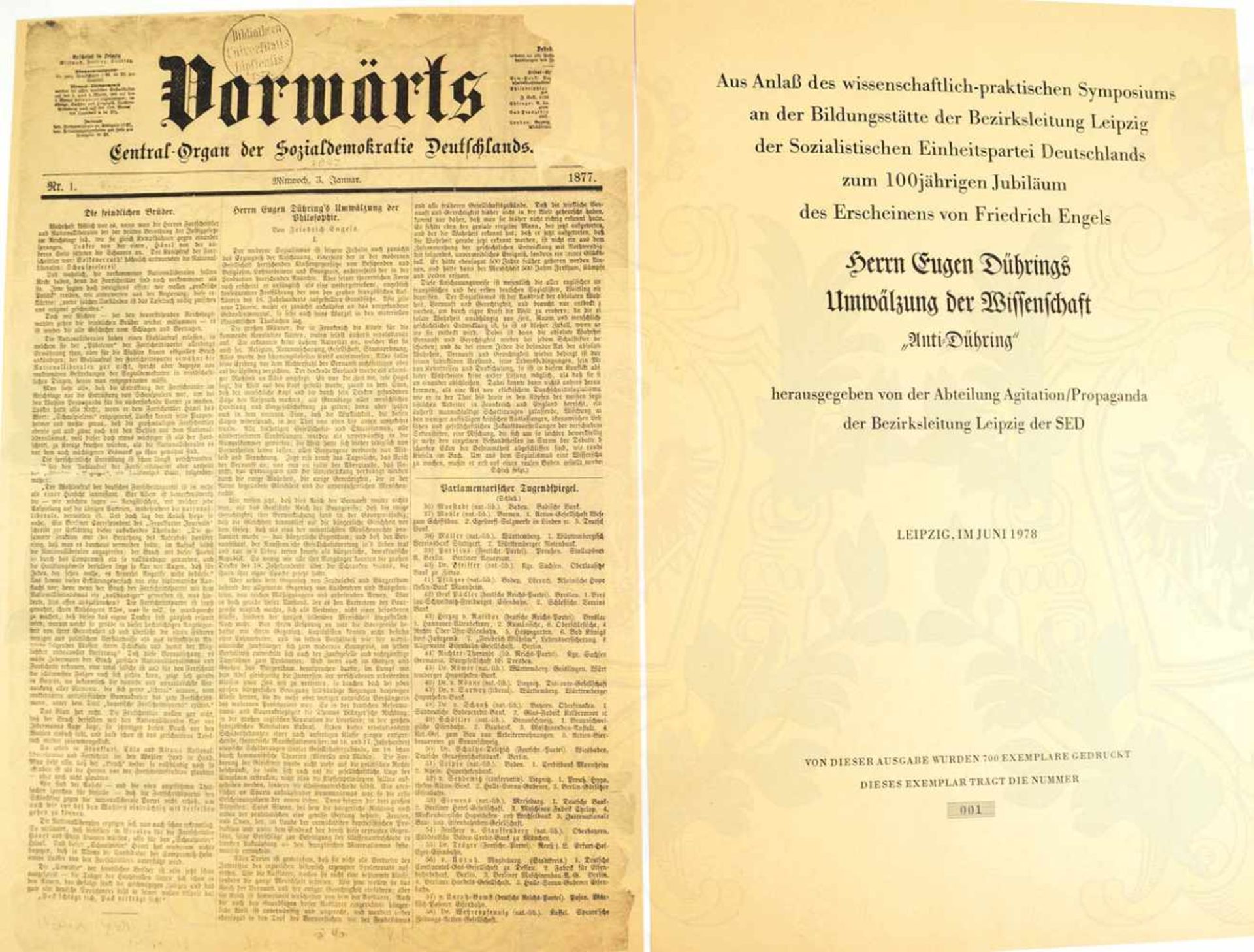 MAPPE 100 JAHRE ANTI-DÜHRING, 6 Faksimile des „Vorwärts“ v. 1877 (Nr. 1, 5, 6, 45 u. 2 Beilagen),