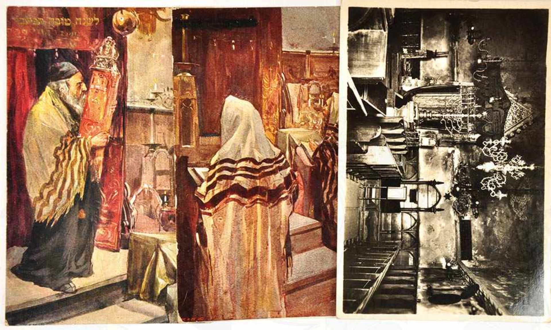 3 AK: Foto-AK Innenansicht d. Altneu-Synagoge Prag, um 1935, rs. hebräische Bez.; 2 farbige