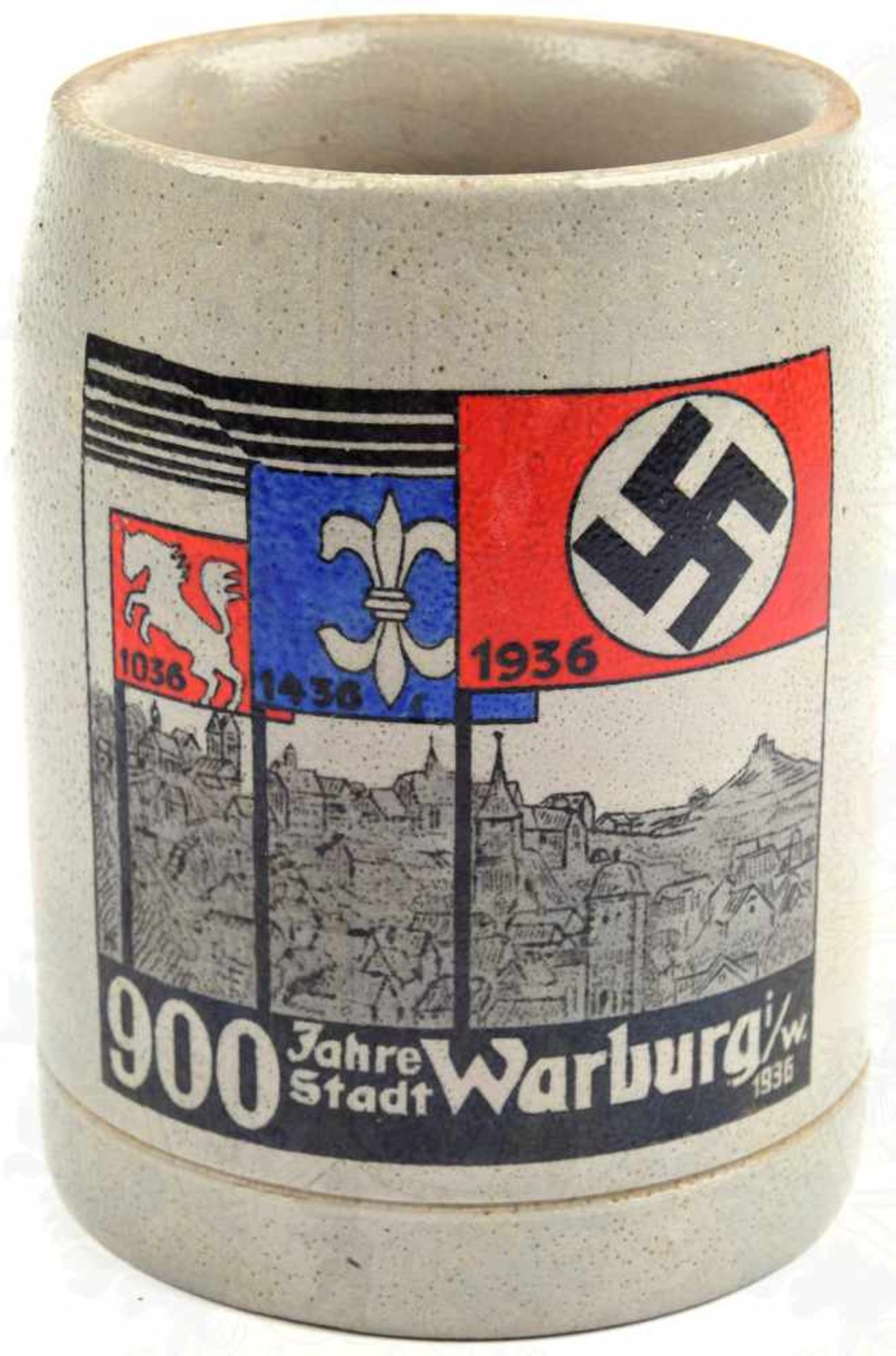 BIERKRUG „900 JAHRE STADT WARBURG IN WESTFALEN“, 0,5 L., 1936, graues Steinzeug, aufgedruckte