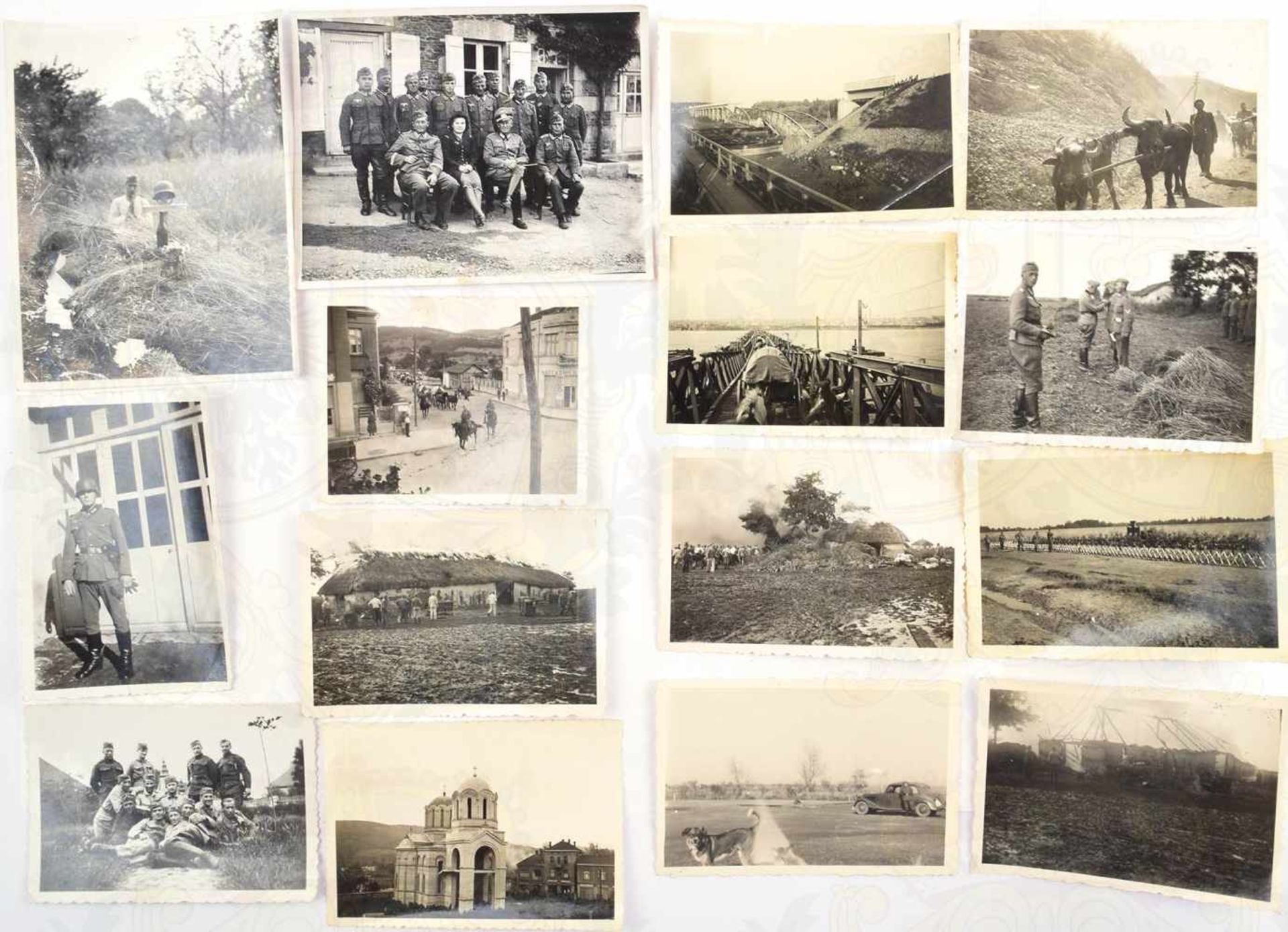43 FOTOS BALKANFELDZUG, Offiziere, Zerstörungen, Transport d. Bulgarien, bespannte Einheiten,