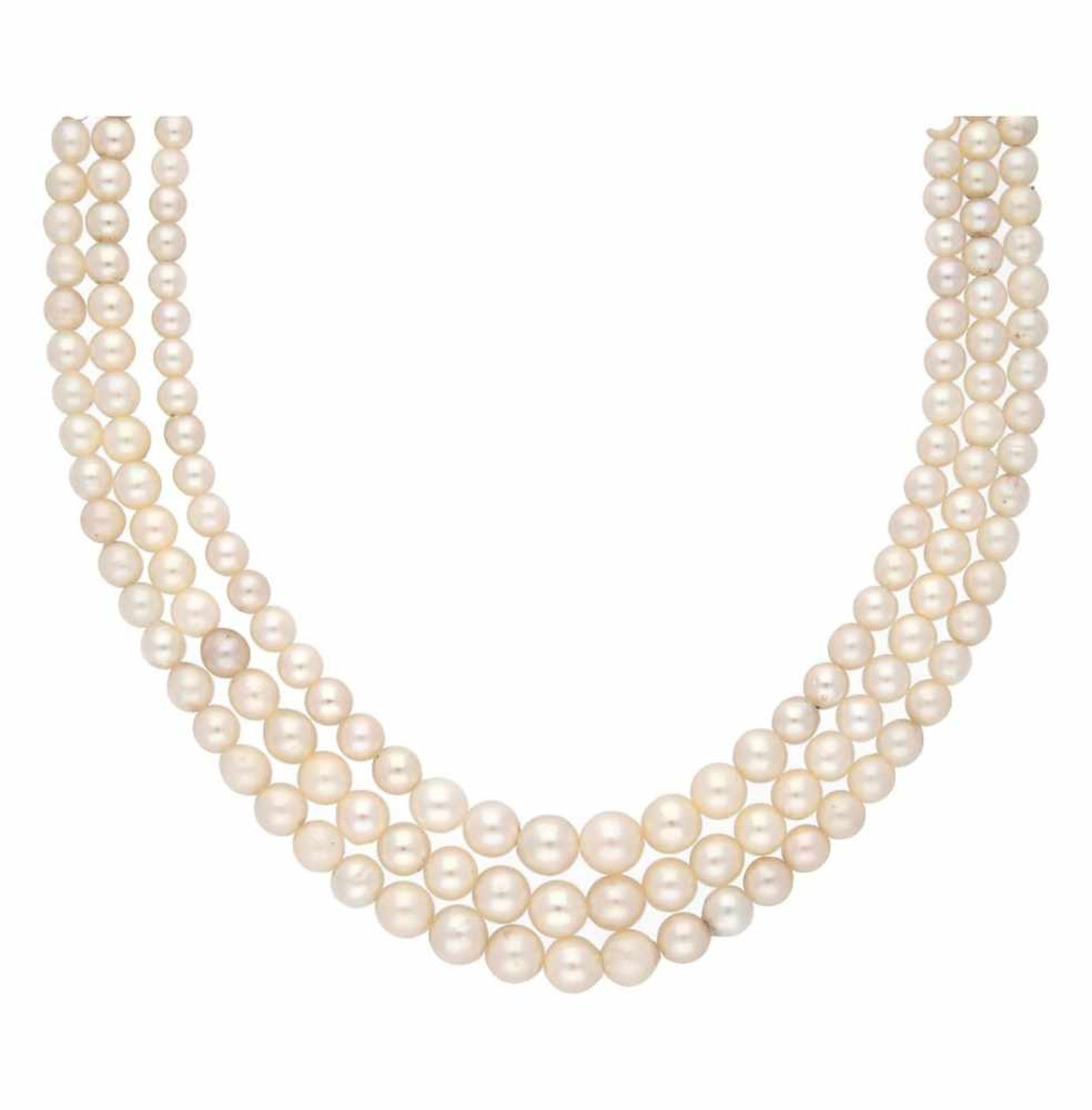 French necklace with three strands of pearls.Gold with silver views, rose cut diamonds, approx 0.