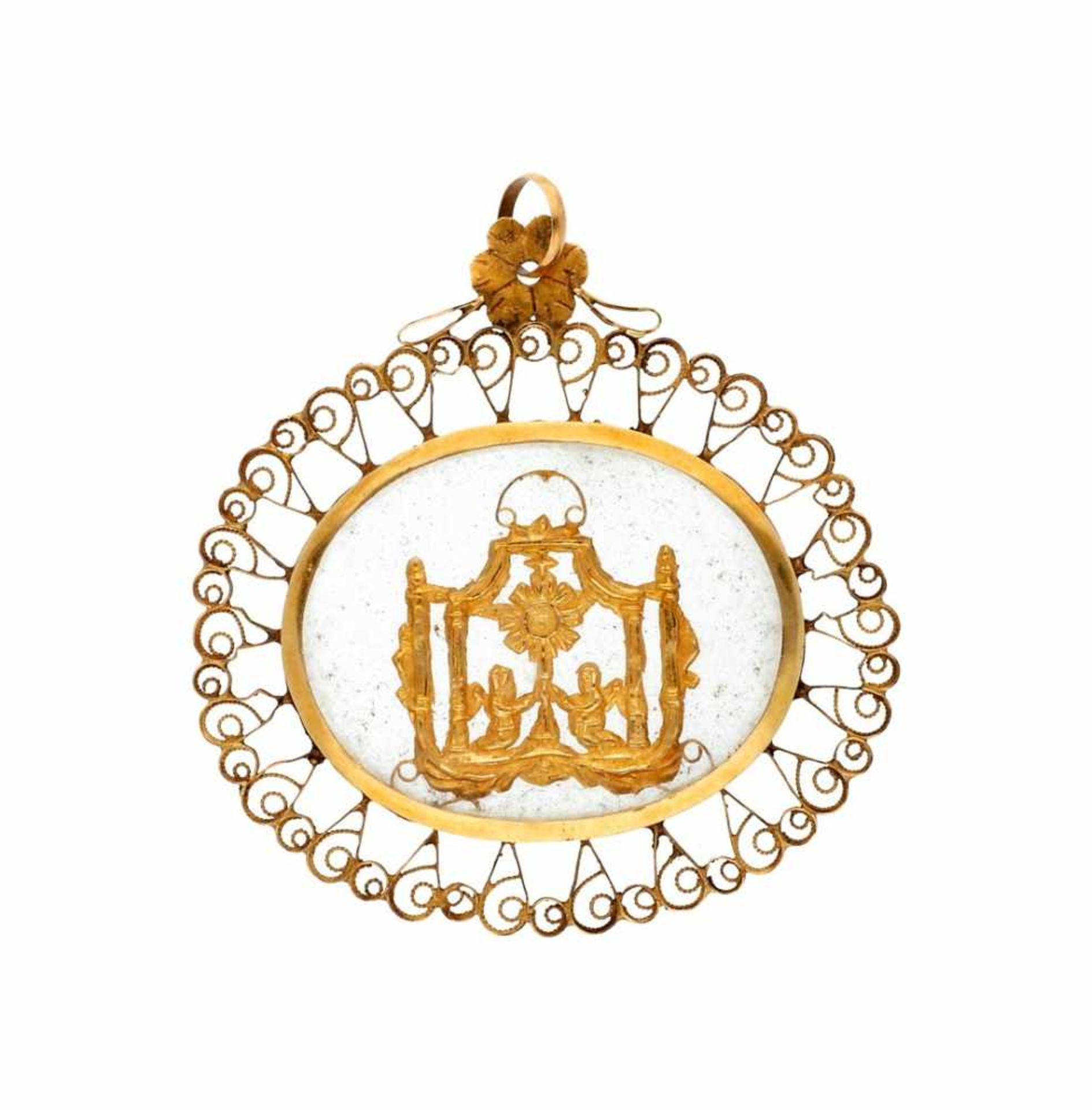 "Altaret"-style rosary top in gold, 19th Century.Gold in filigree and crystal. 6.4x6.1 cm. 16.6 gr.
