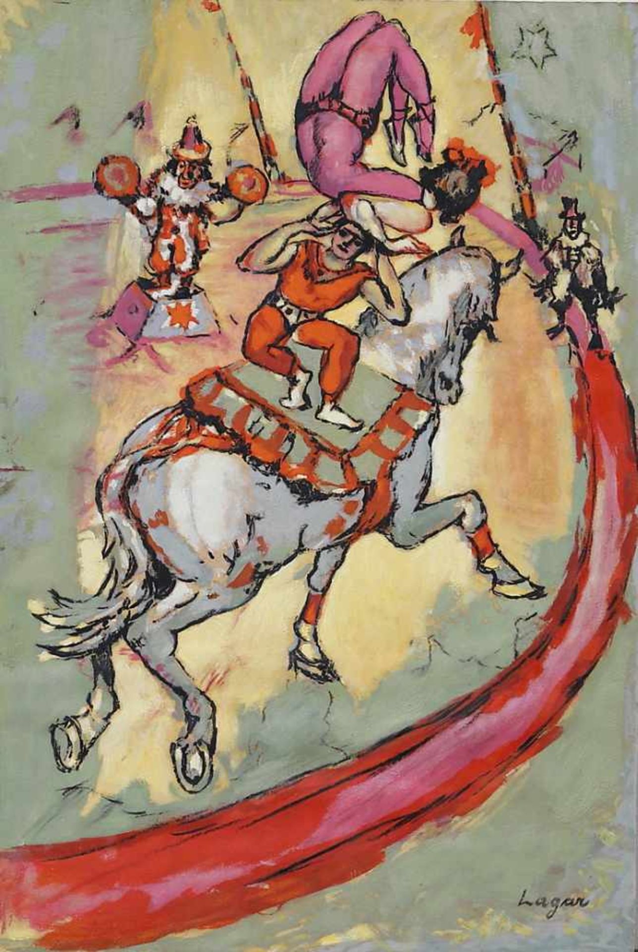CELSO LAGAR. Circus scene.Gouache and ink on paper stuck to cardboard Signed. Probably made circa