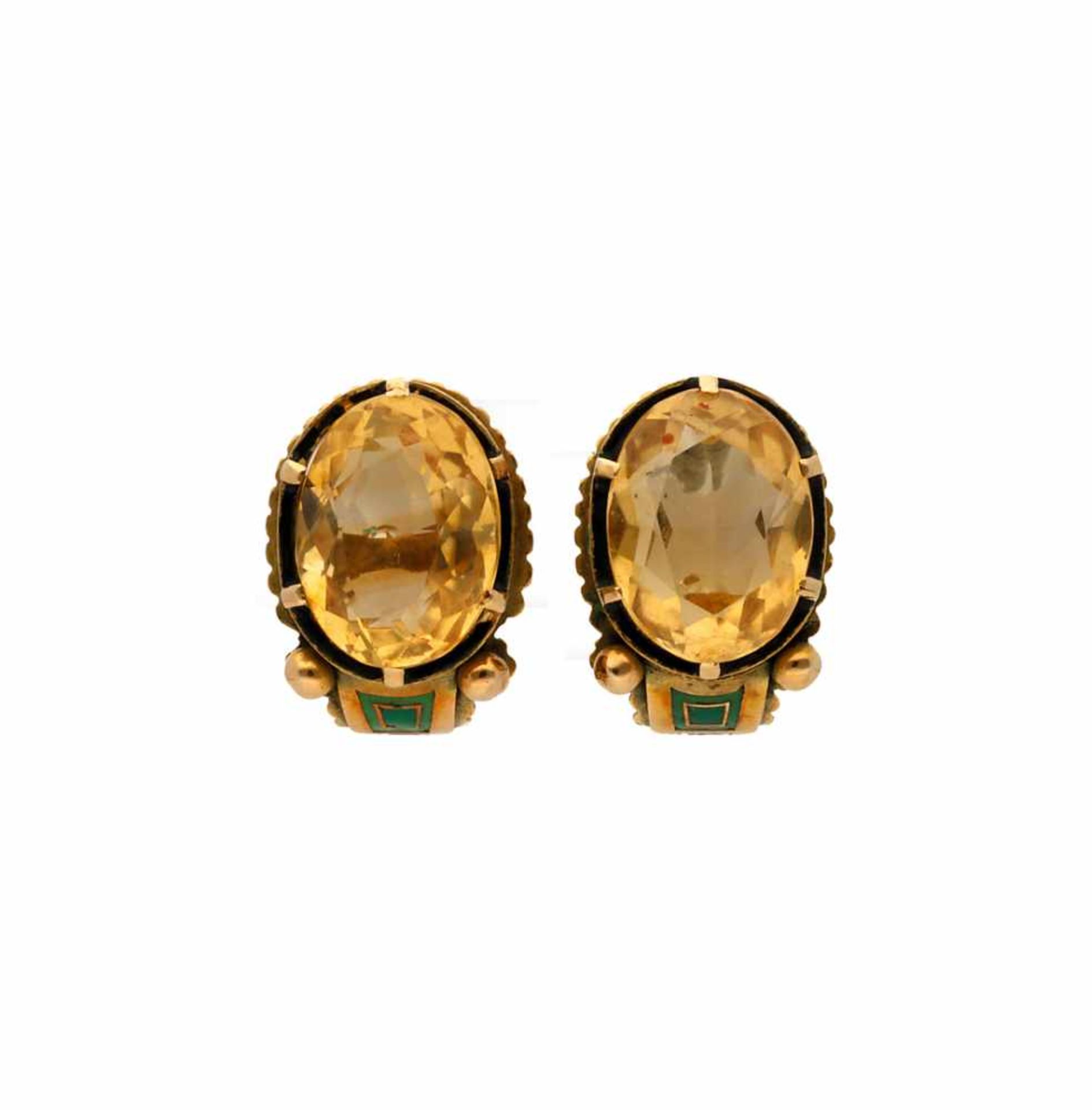 JAUME MERCADÉ. Citrine earrings, circa 1930.Gold, enamel and oval cut citrines, 4.30 cts. Signed: "