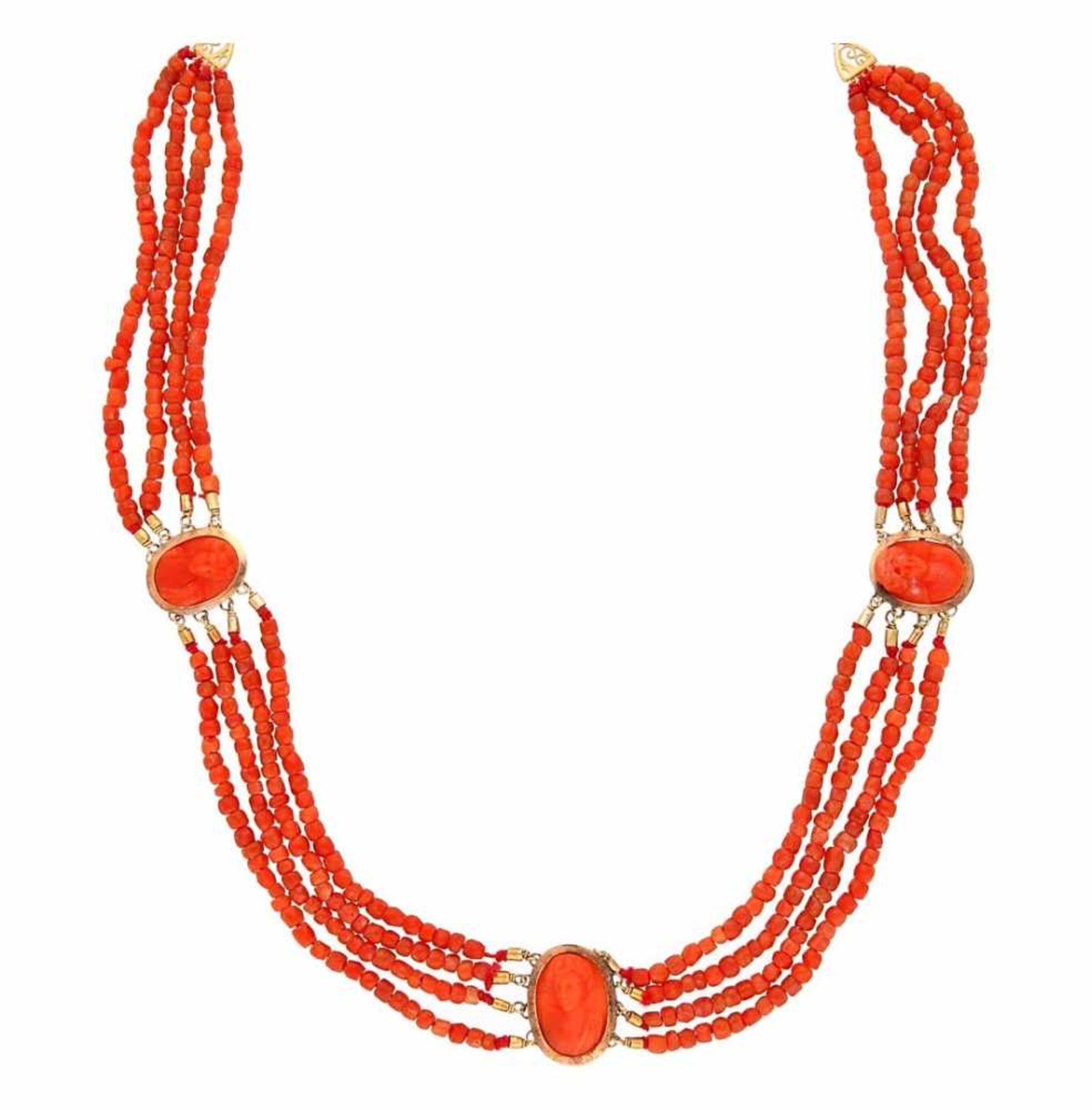 Coral choker, 19th Century.Gold, faceted coral beads and cameos in carved coral with the