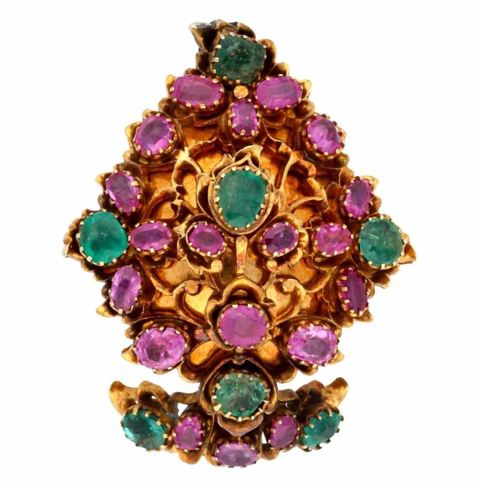 Turban brooch with emeralds and rose sapphires.Gold, oval and cushion cut rose sapphires, 2.3 cts
