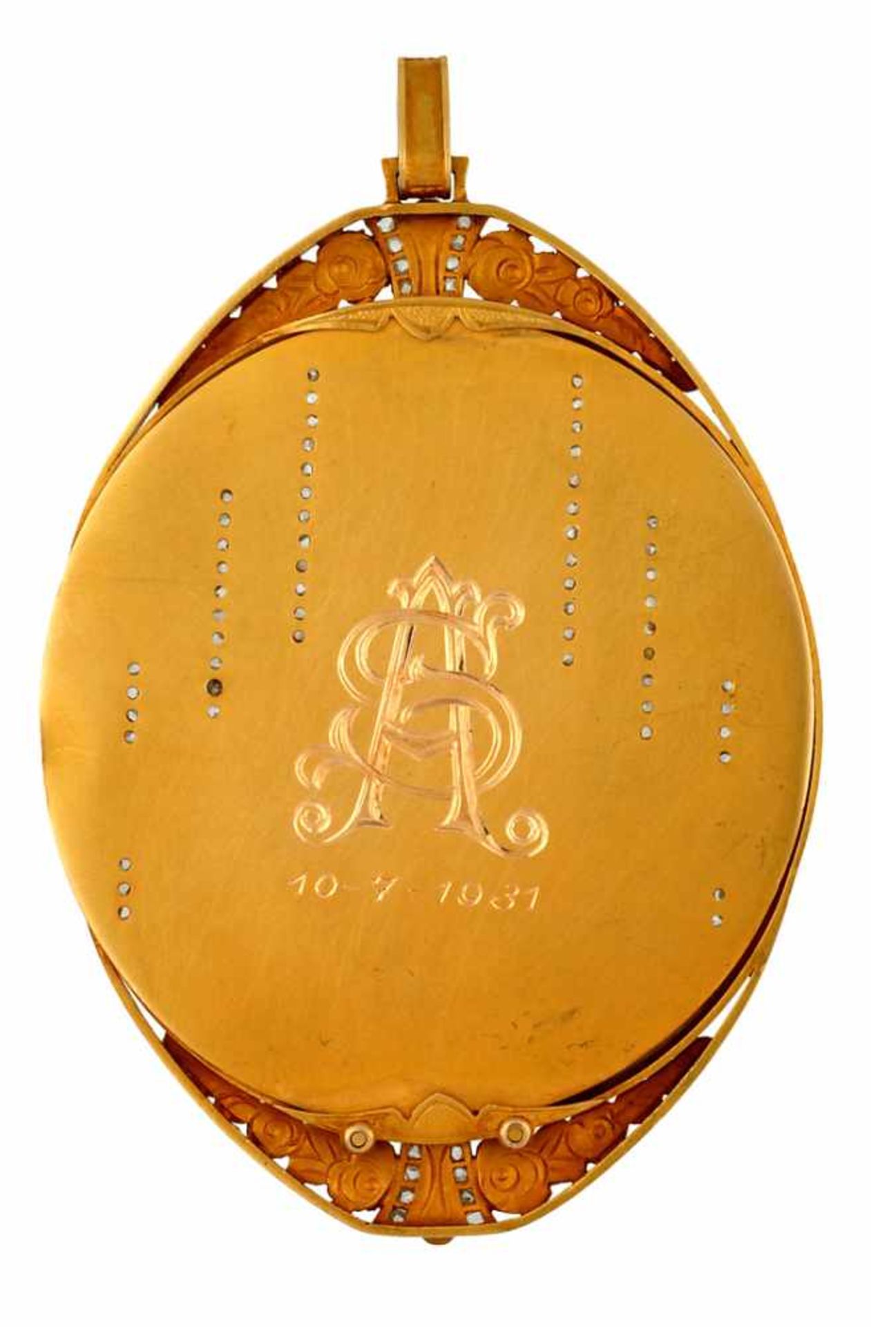 Gold devotional medal, circa 1931.Gold with platinum and inked views, rose cut diamonds and - Bild 2 aus 2