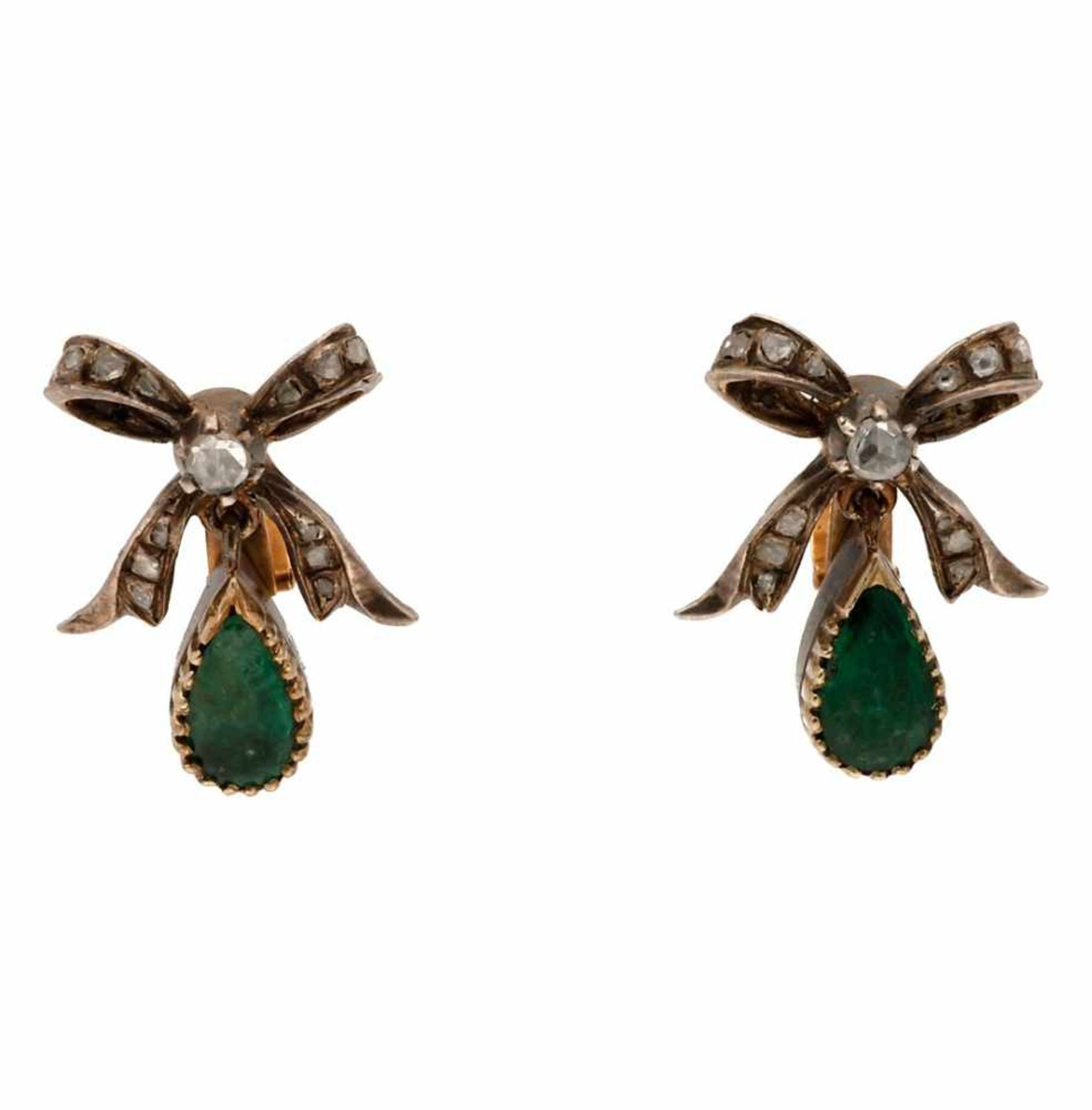 Emeralds and diamonds pendant earrings, 19th Century.Gold with silver views, pear cut emeralds, 1.