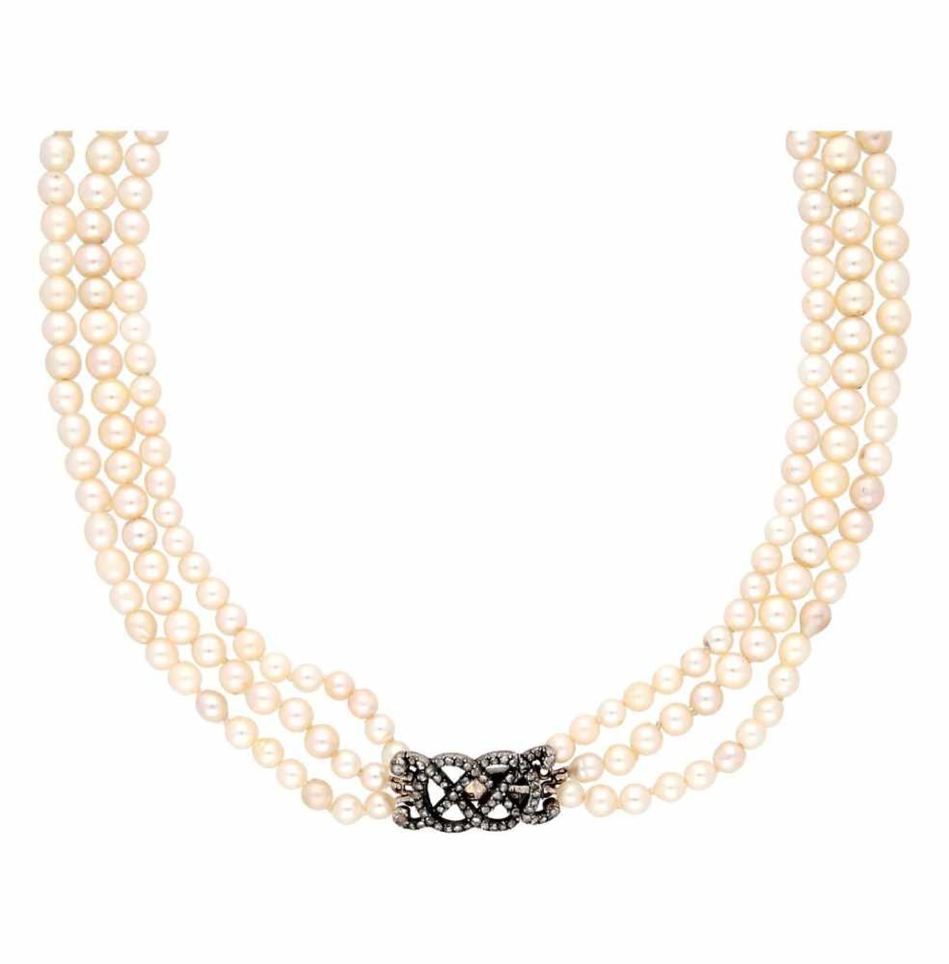 French necklace with three strands of pearls.Gold with silver views, rose cut diamonds, approx 0. - Bild 2 aus 2