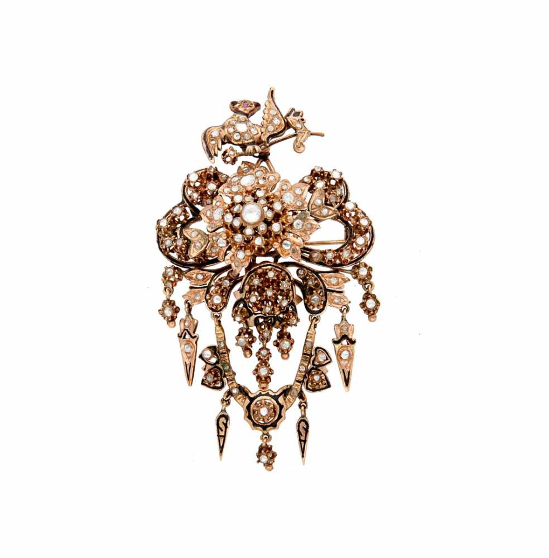 Trembleuse brooch, 19th Century.Gold, 9K rose gold, black enamel, rose and crowned rose diamonds,