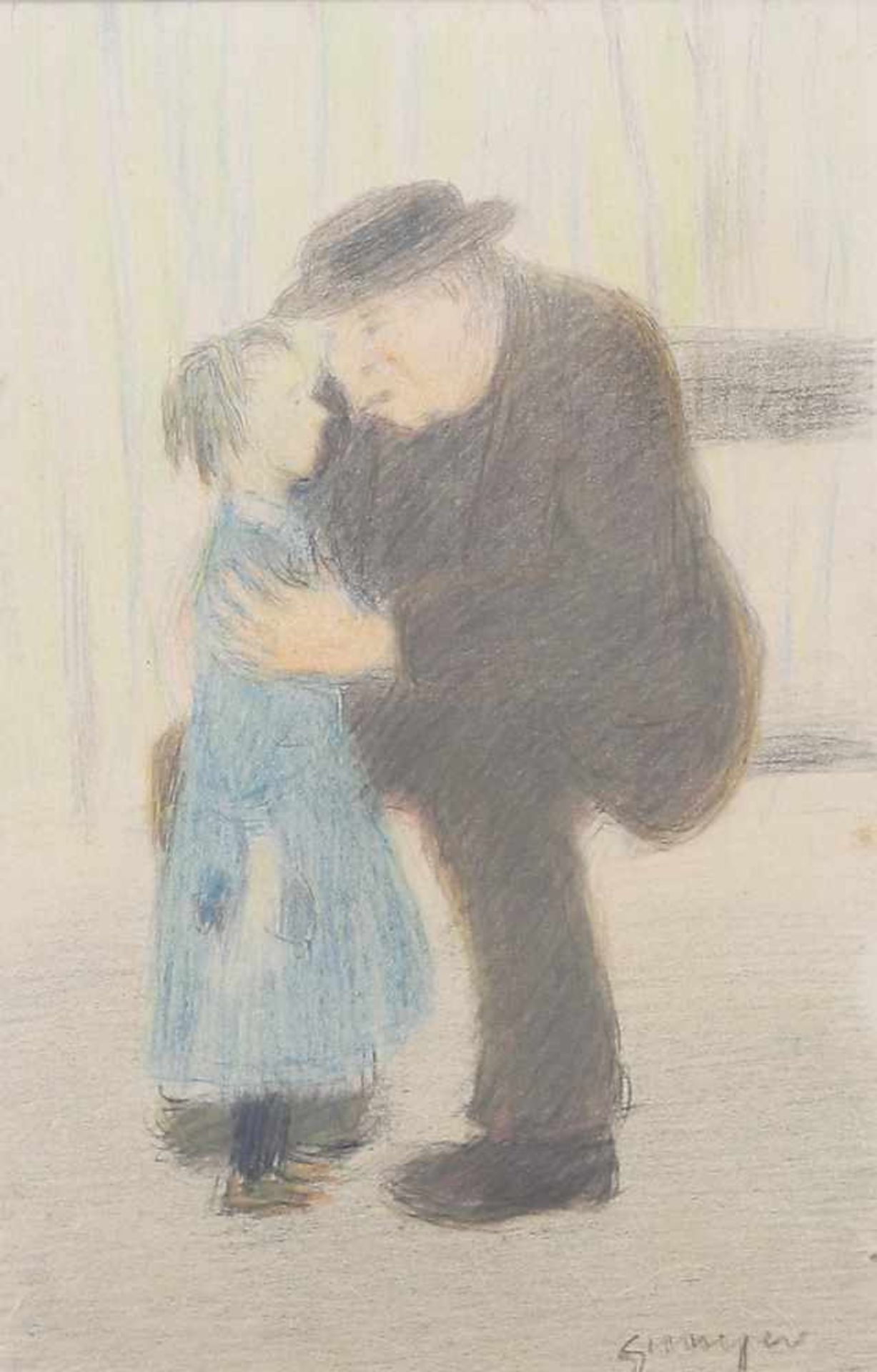 JOAQUIM SUNYER. Elderly man and girl. (d)Pastel on paper Signed 24.15 cm.