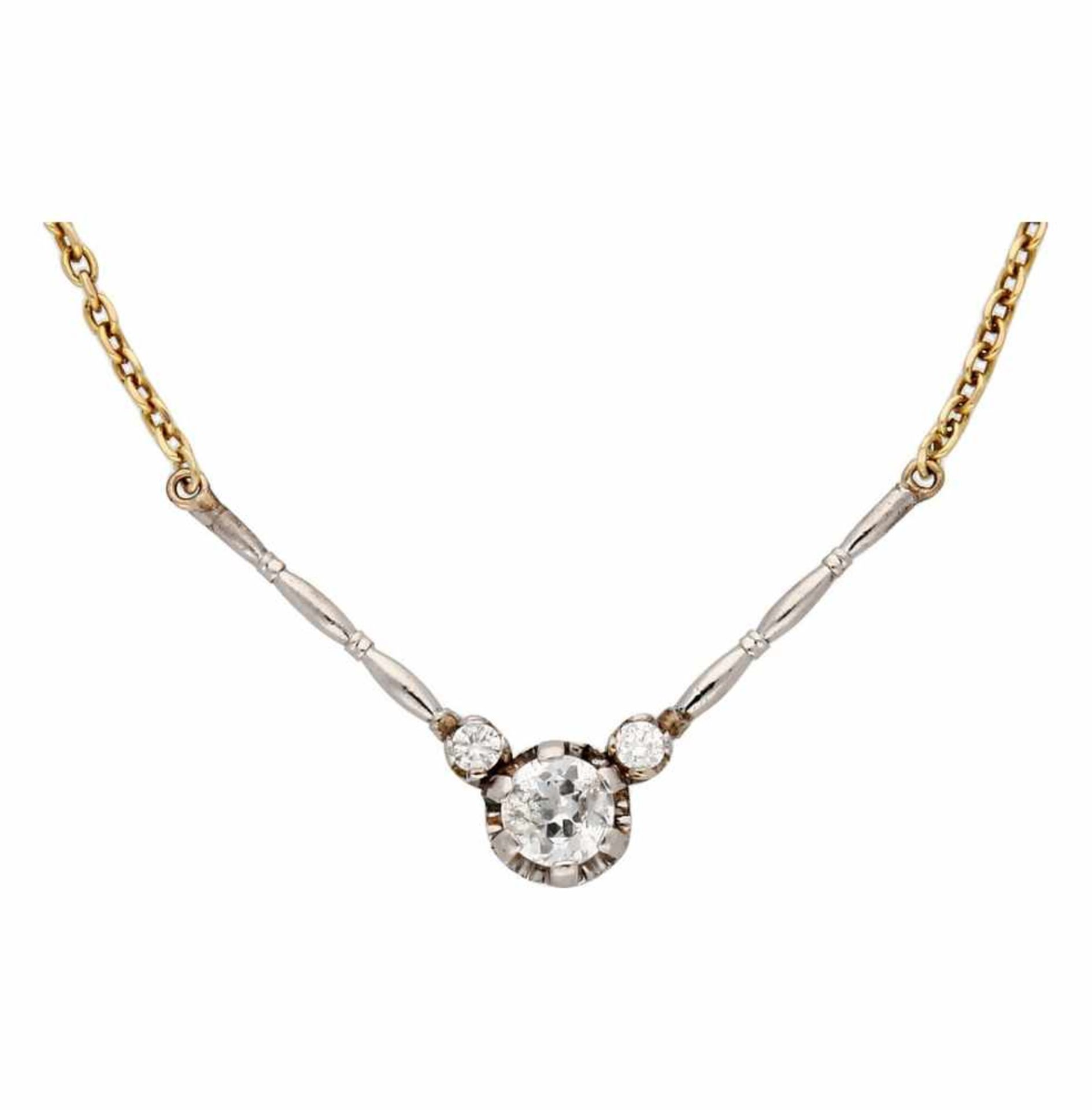 Choker with solitaire diamond, early 20th Century.Gold, platinum and old brilliant and brilliant cut