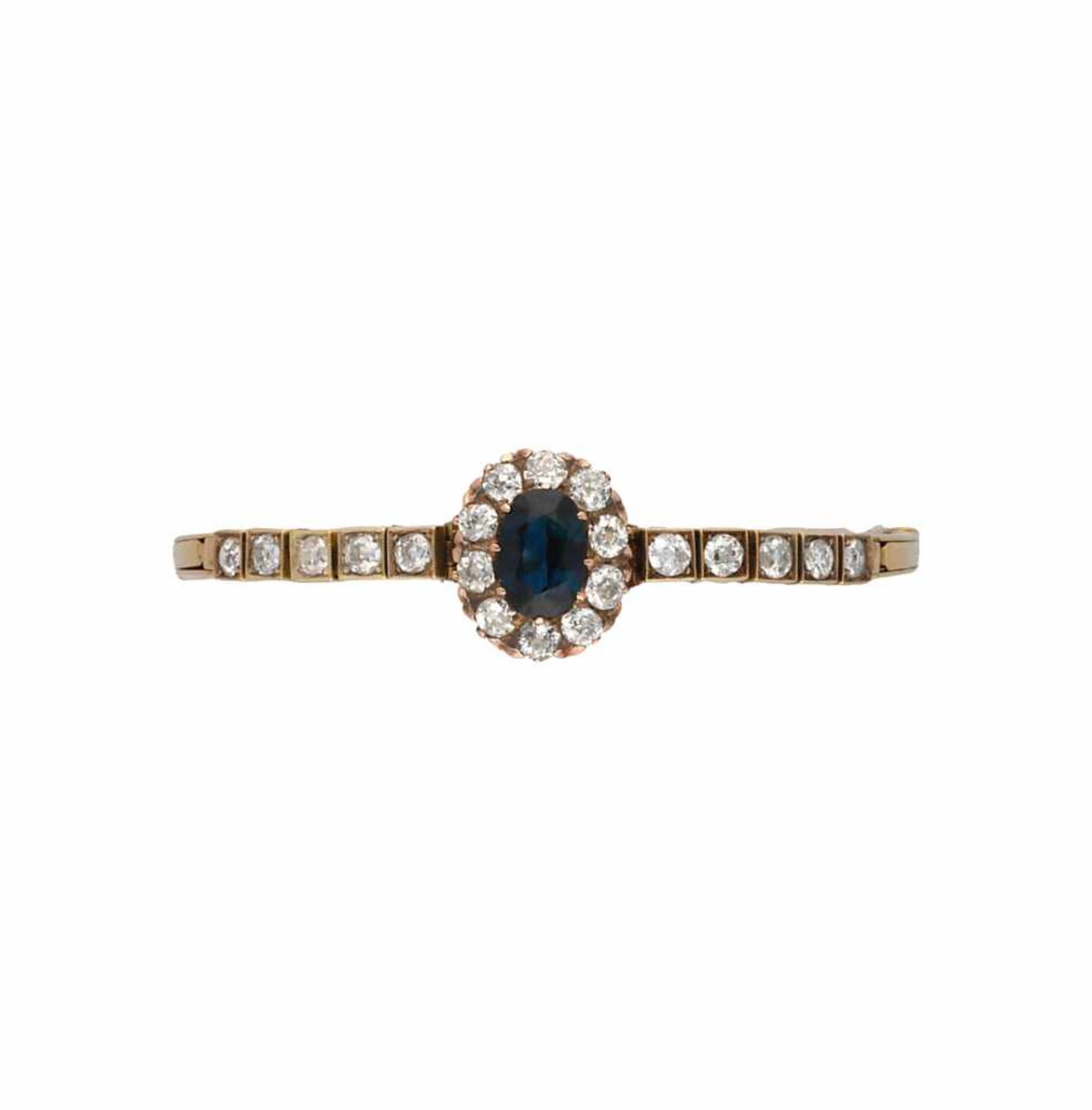 Sapphire bracelet with diamonds border, circa 1950.Gold, oval cut sapphire, 1.48 cts and old