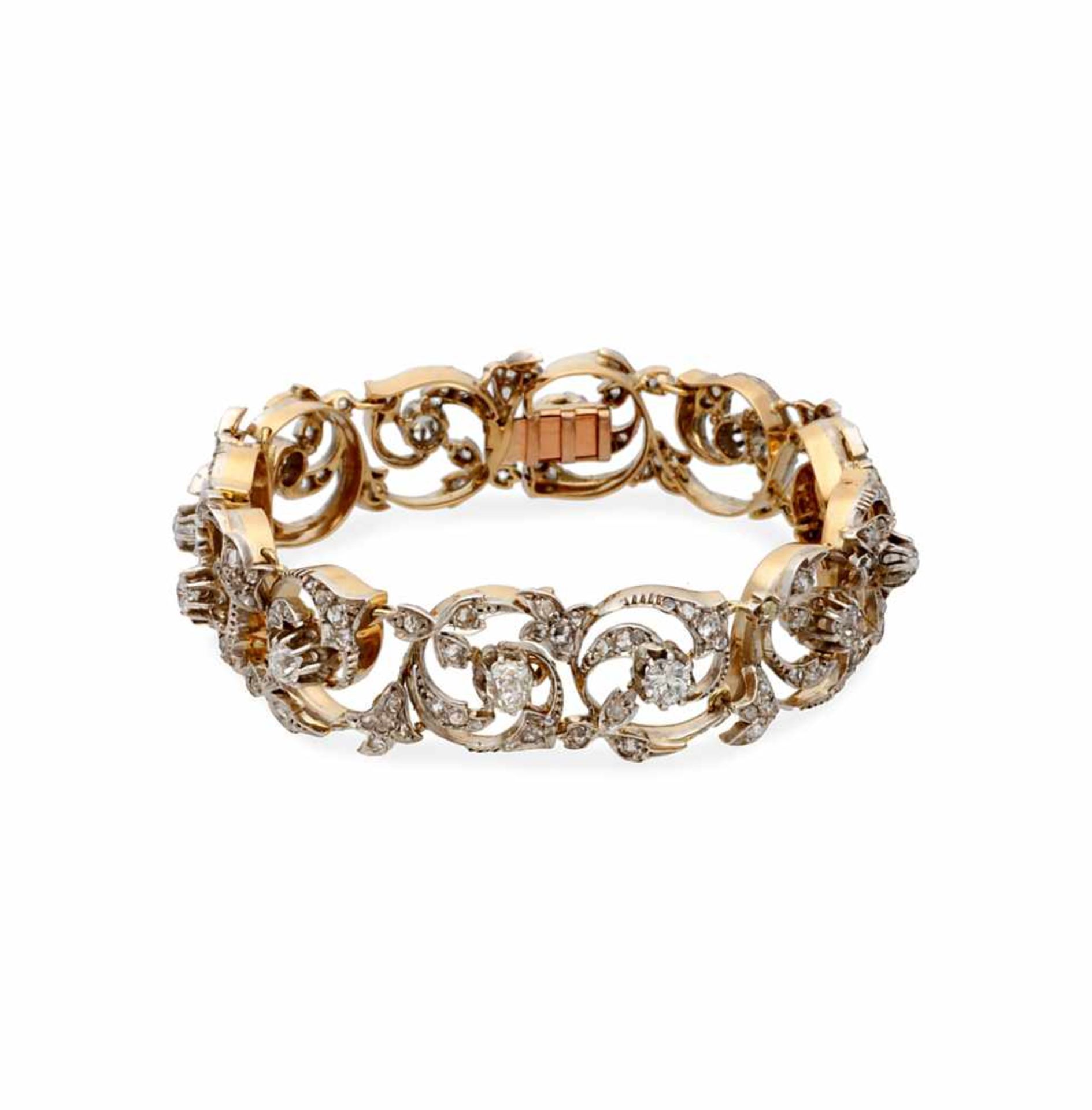Diamonds bracelet, first half of the 20th Century.Gold with silver views and old brilliant and